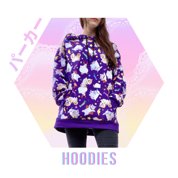 A person wearing a kawaii fashion purple hoodie covered in cute animal and character prints.