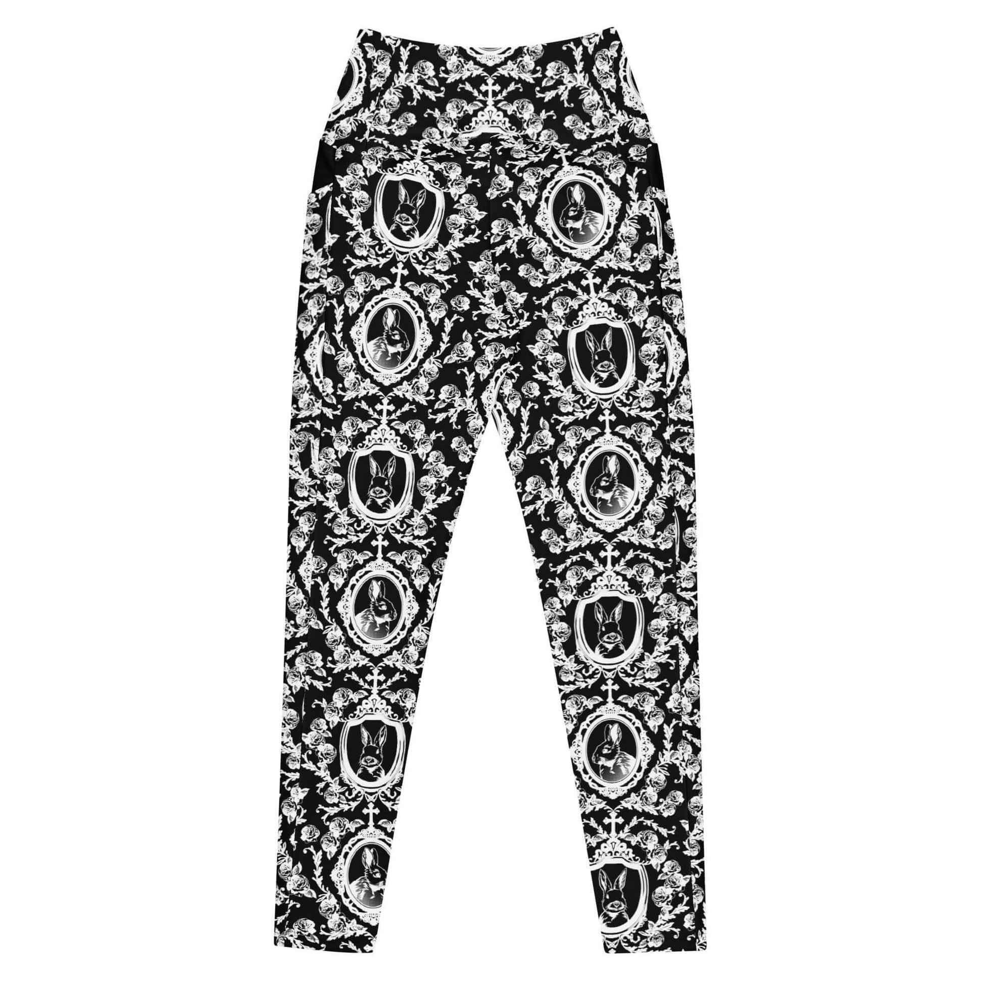 Stylish Premium Queen's Beloved Bunny Leggings feature a high-waisted cut and captivating black-and-white design.