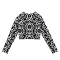 Stylish Queen's Beloved Bunny Long-sleeved Crop Top featuring an elegant black and white pattern, perfect for eco-friendly fashion.