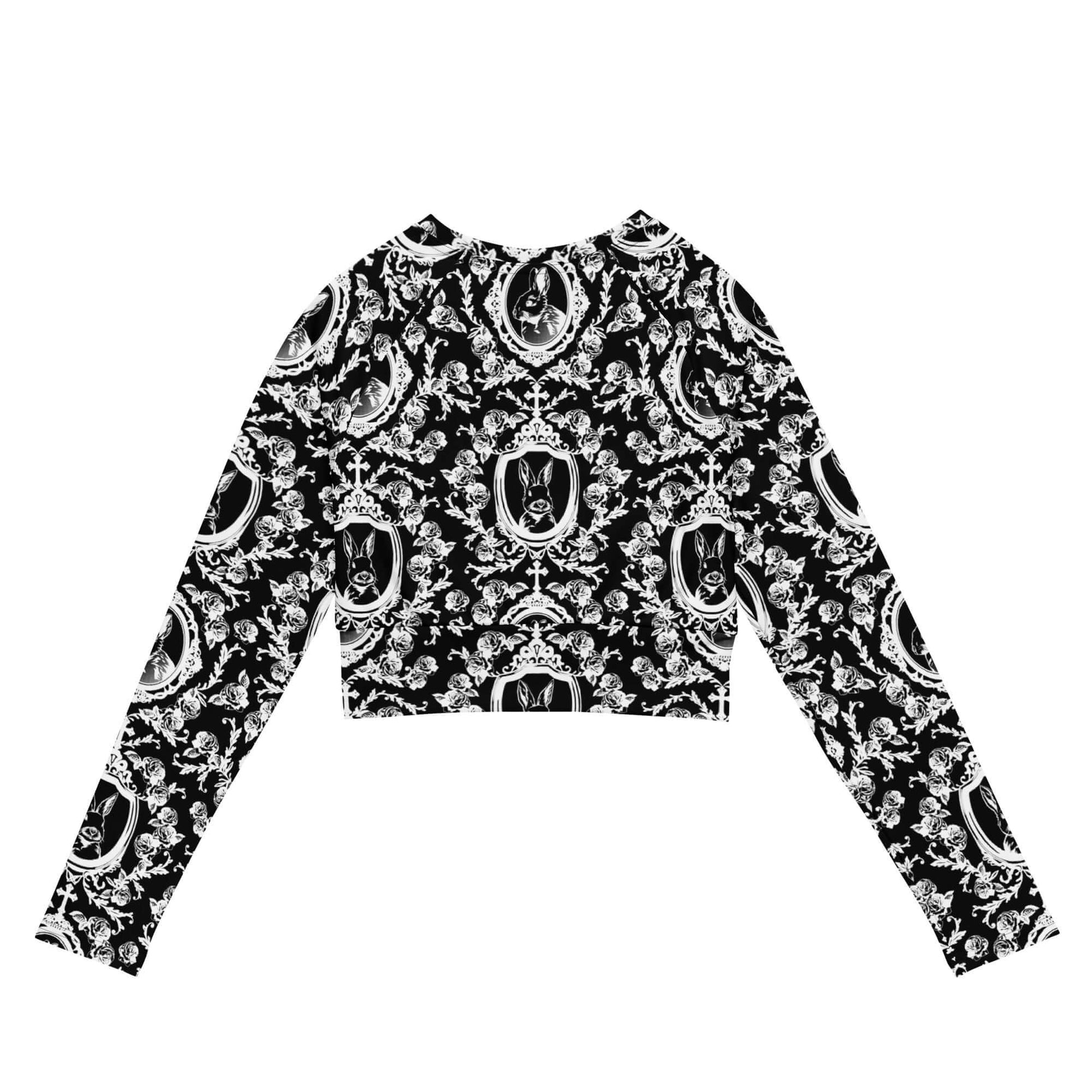 Stylish Queen's Beloved Bunny Long-sleeved Crop Top featuring an elegant black and white pattern, perfect for eco-friendly fashion.