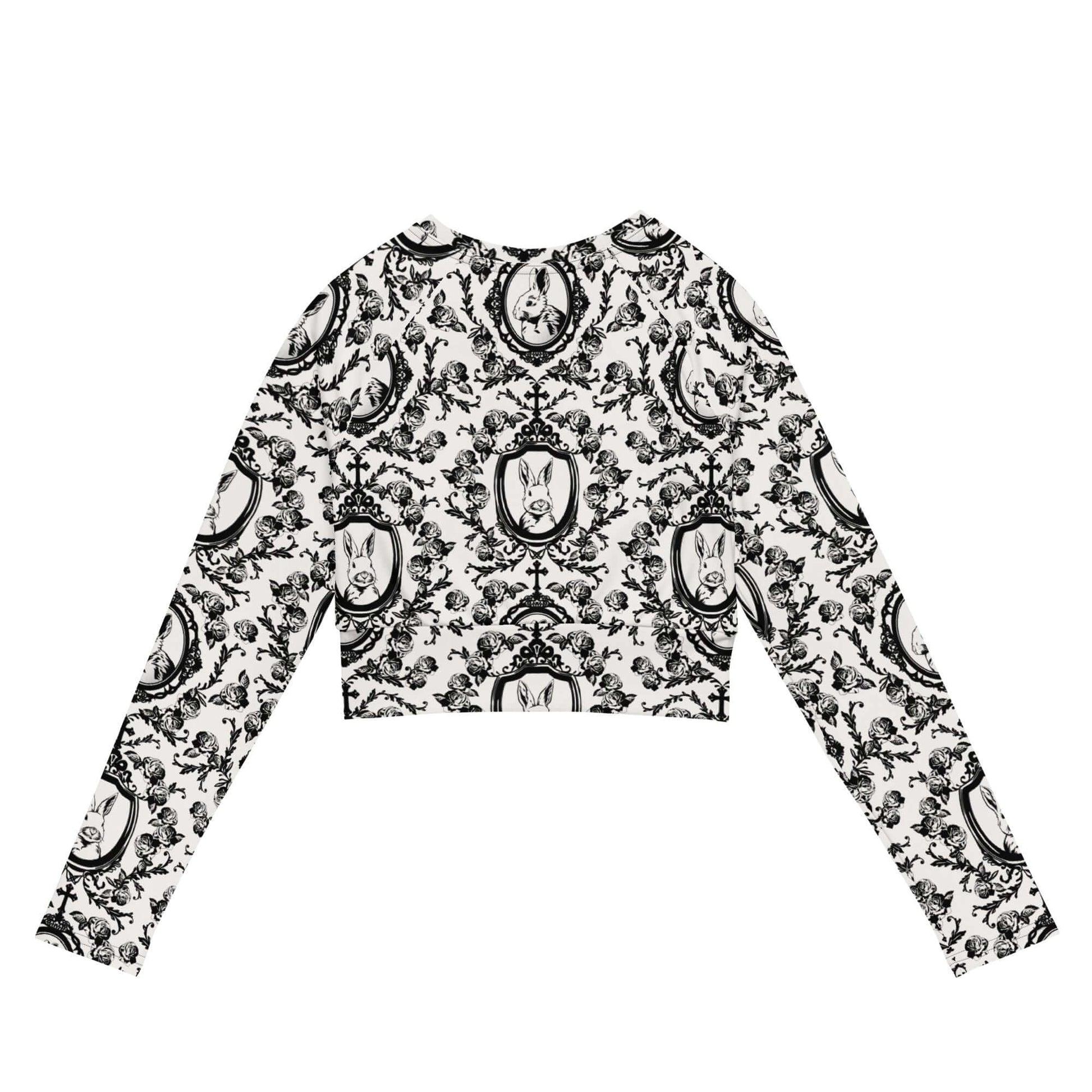 Stylish Queen's Beloved Bunny Long-sleeved Crop Top featuring a chic bunny print, perfect for eco-friendly fashion lovers.