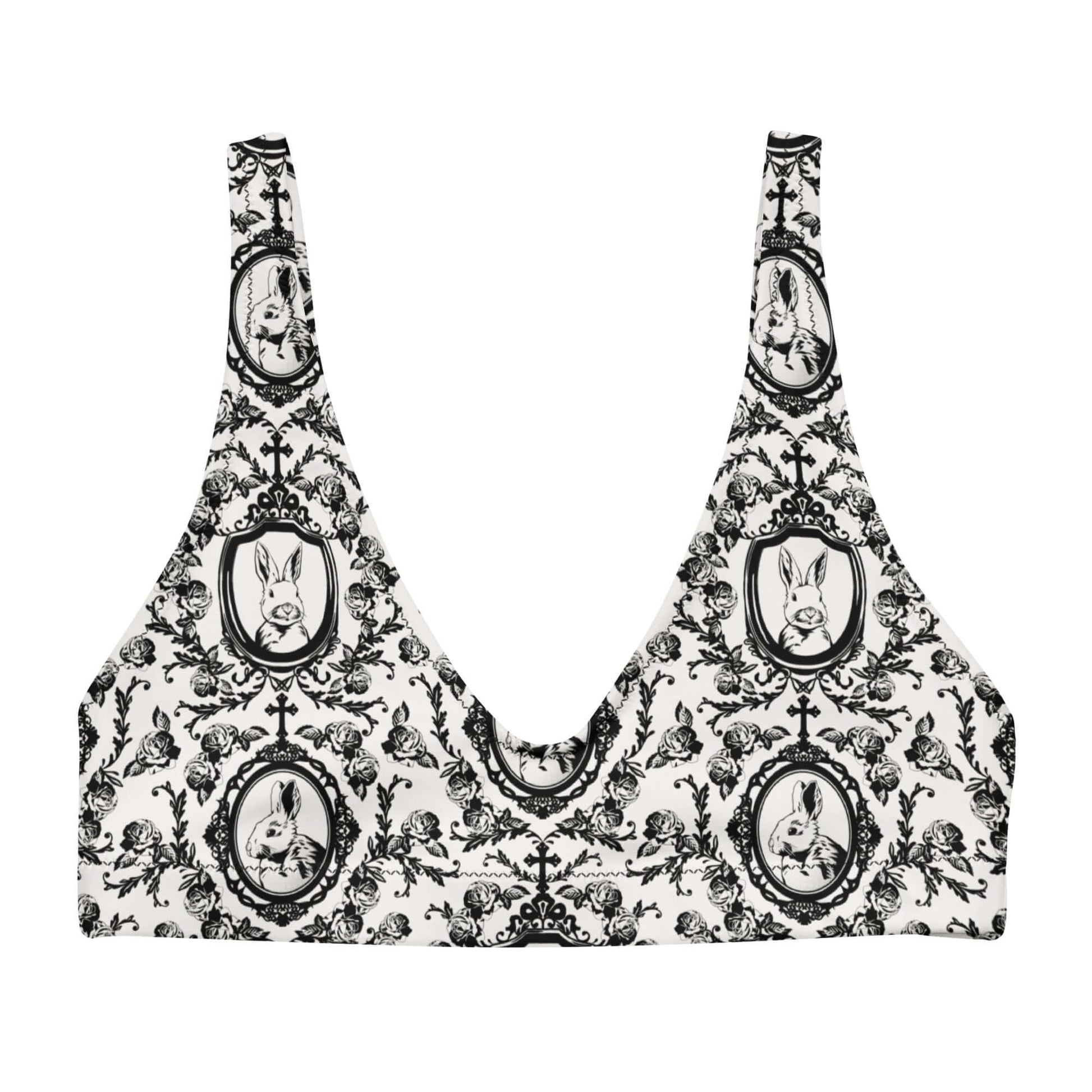 Queen's Beloved Bunny Padded Bikini Top features a chic rabbit print on a comfy, eco-friendly design. Perfect for summer!