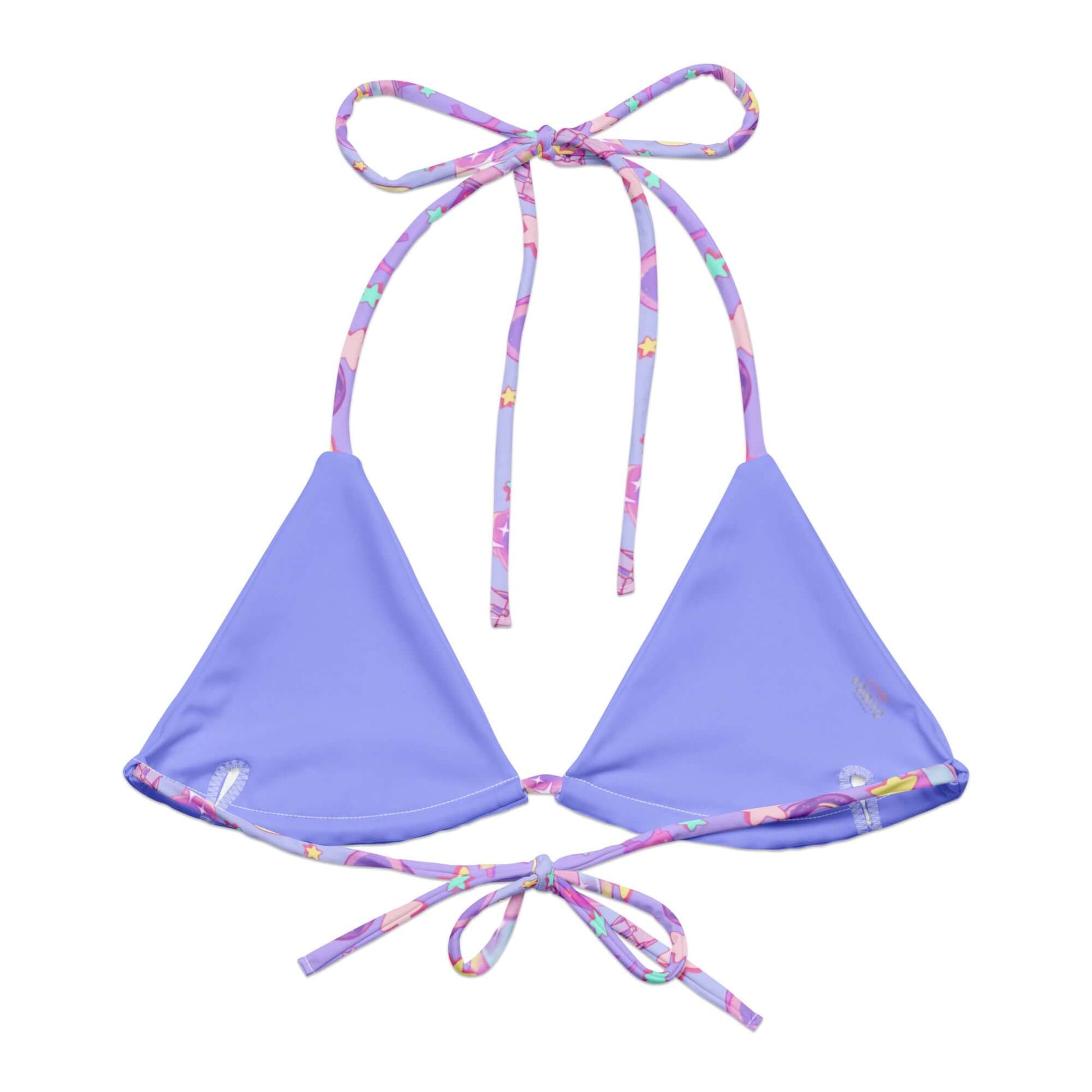 Glitter Gains Padded String Bikini Top features eco-friendly design with stylish straps for summer fun. Perfect for beach days!