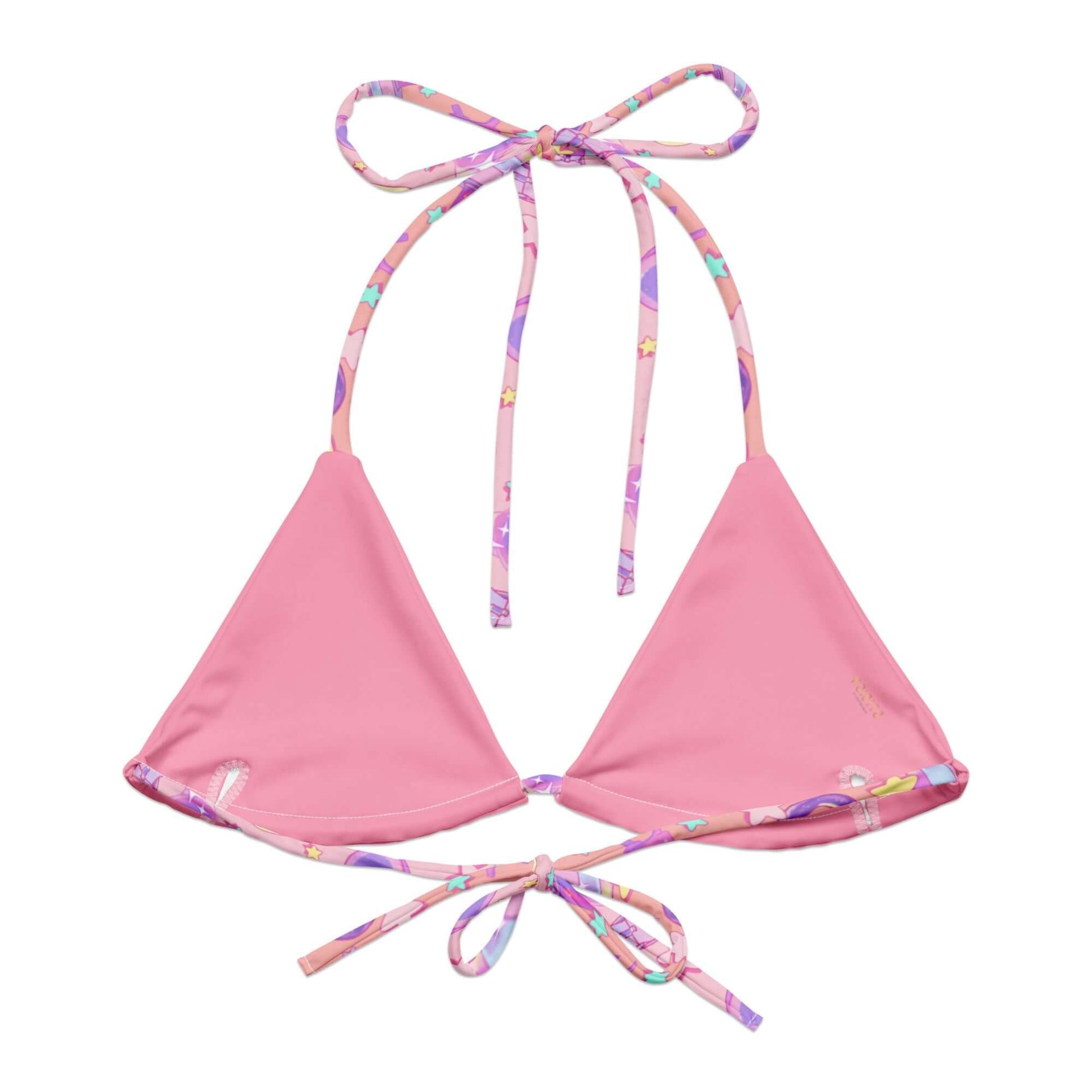 Glitter Gains Padded String Bikini Top in pink, featuring eco-friendly fabric and adjustable straps for summer styling.