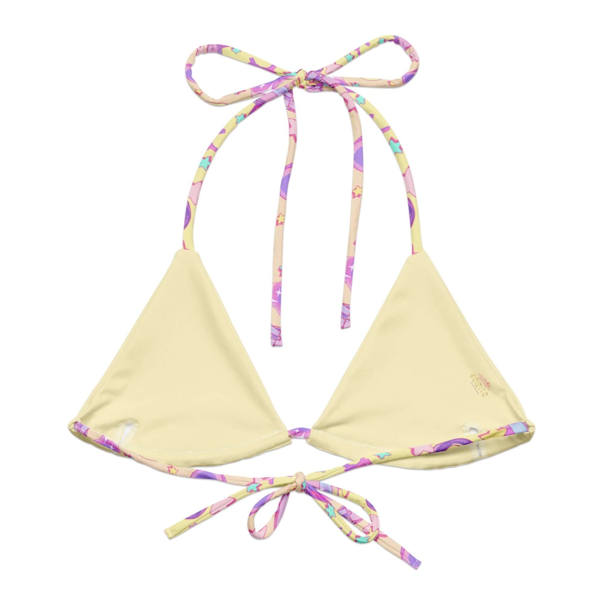 Stylish Glitter Gains Padded String Bikini Top with eco-friendly fabric and adjustable straps, perfect for summer fun.