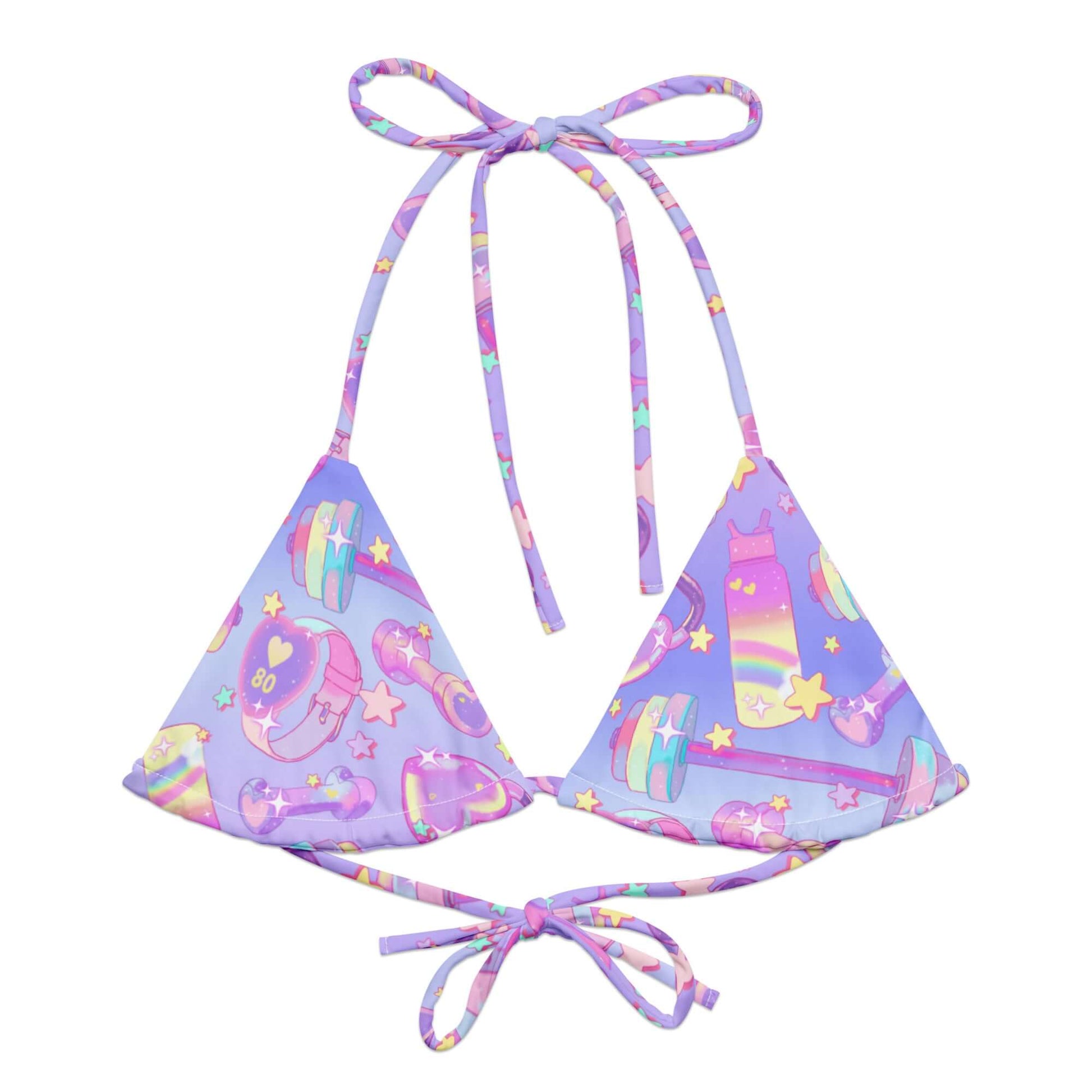 Shop the Glitter Gains Padded String Bikini Top, featuring eco-friendly fabric and vibrant all-over print for summer fun.