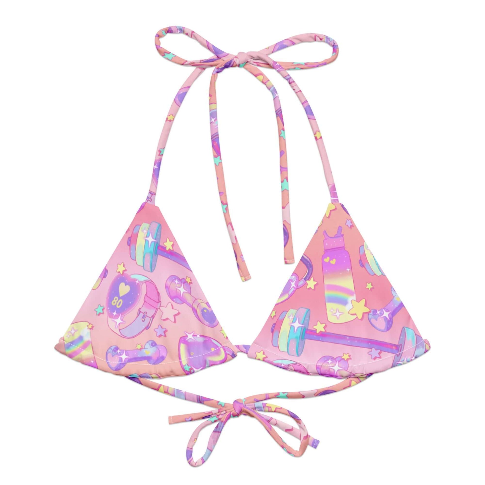 Glitter Gains Padded String Bikini Top features a fun all-over print, perfect for summer styling and eco-friendly enjoyment.