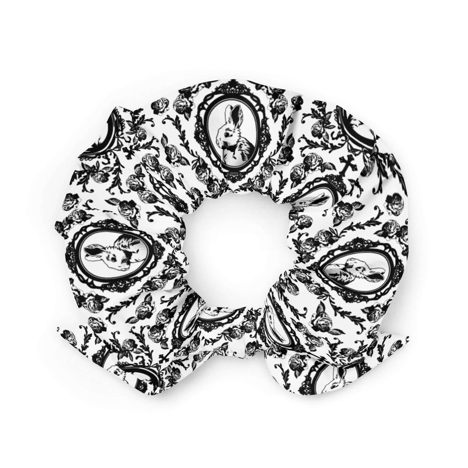 Stylish Queen's Beloved Bunny Scrunchie features elegant rabbit motifs on a breathable, stretchy fabric for chic hairstyles.