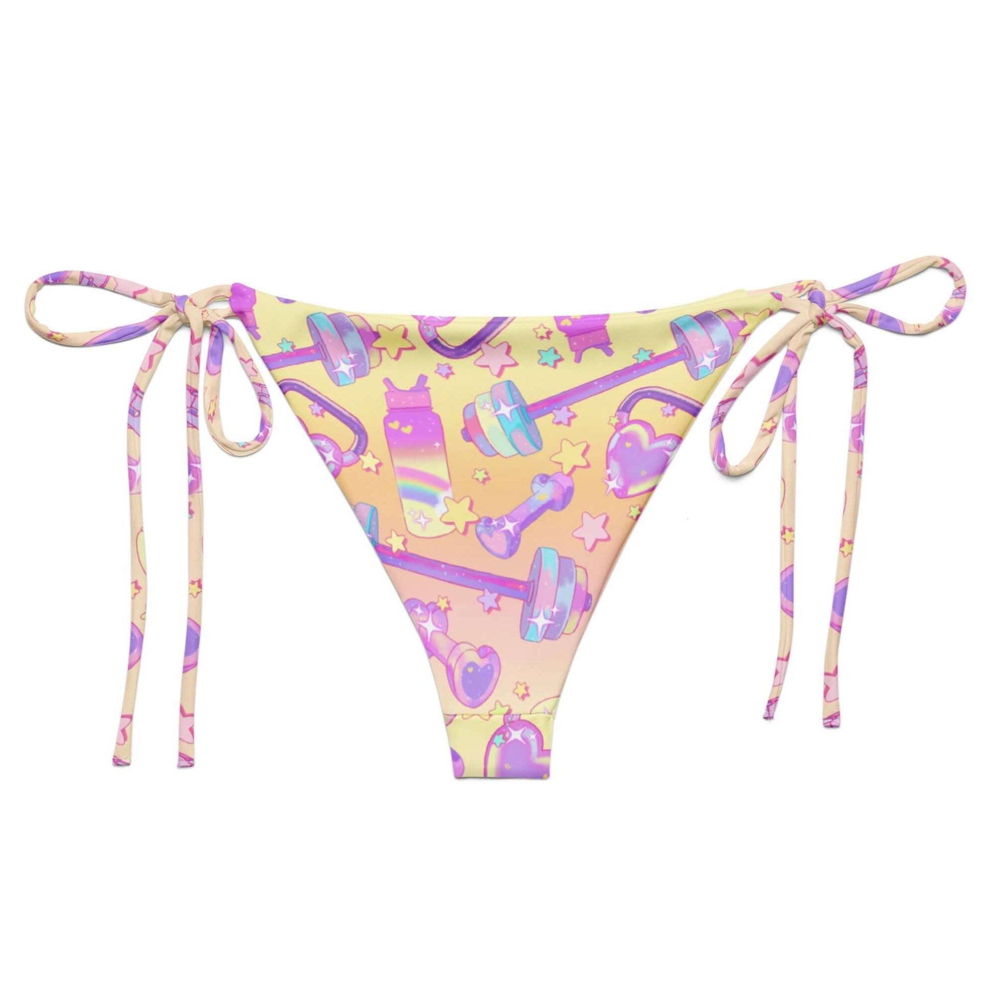 Glitter Gains String Bikini Bottom features a fun print, perfect for sunbathing by the pool this summer.