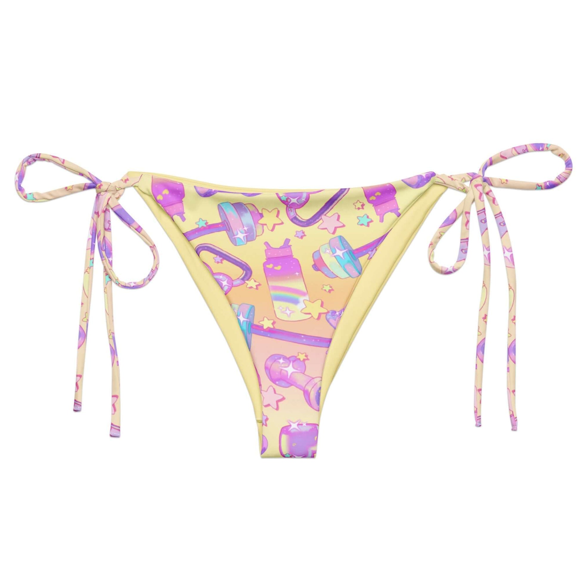Bright and playful Glitter Gains String Bikini Bottom, perfect for sunbathing by the pool with adjustable straps.