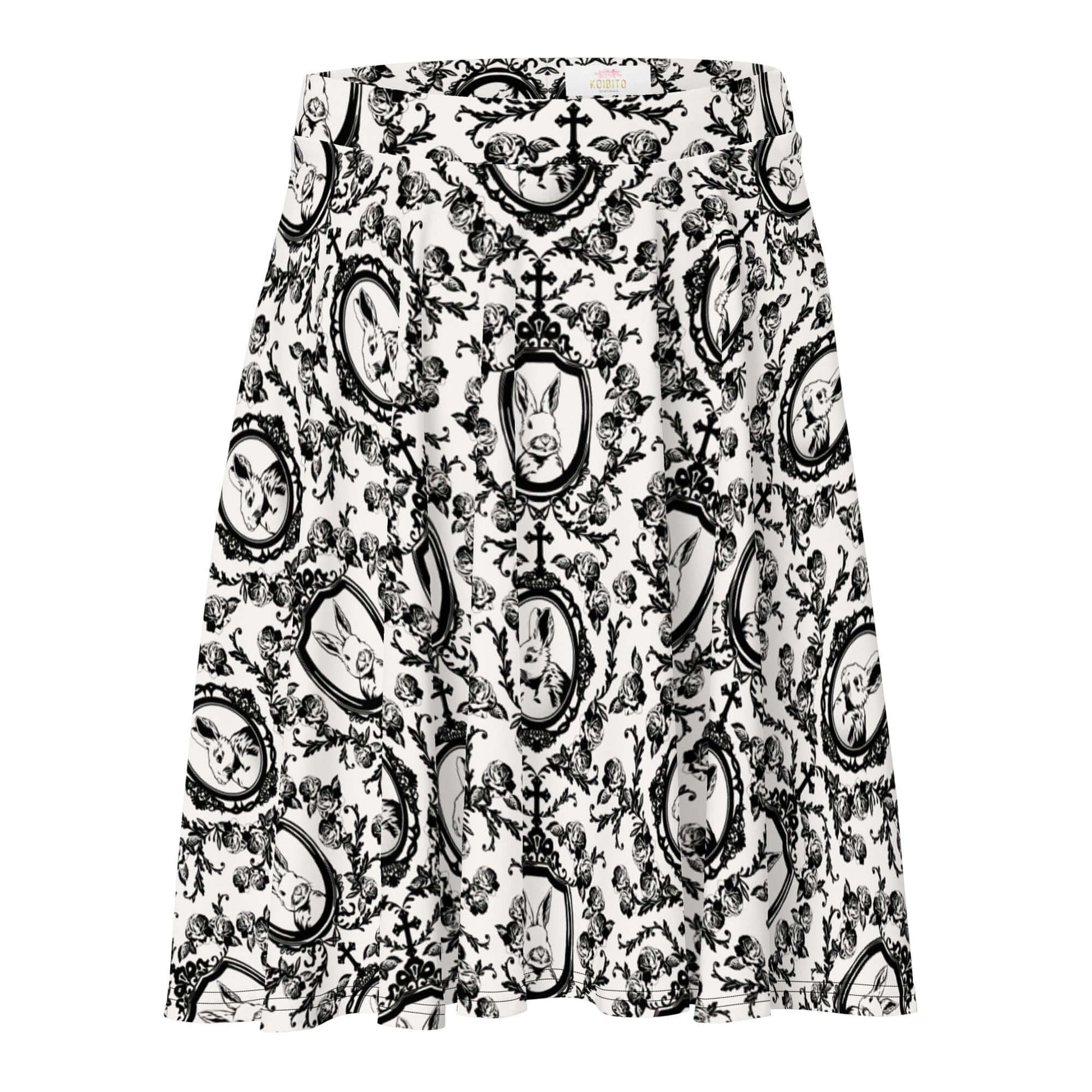 Stylish Queen's Beloved Bunny Skater Skirt features a playful bunny print, perfect for elegant outings or lounging.