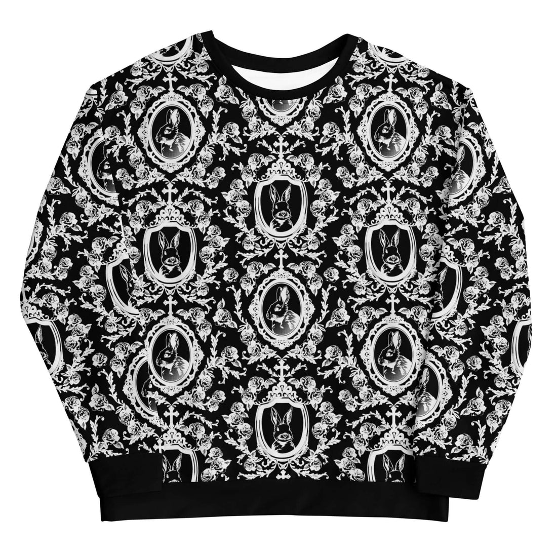 Elegant Queen's Beloved Bunny Sweatshirt featuring charming black-and-white motifs, perfect for any stylish outfit.