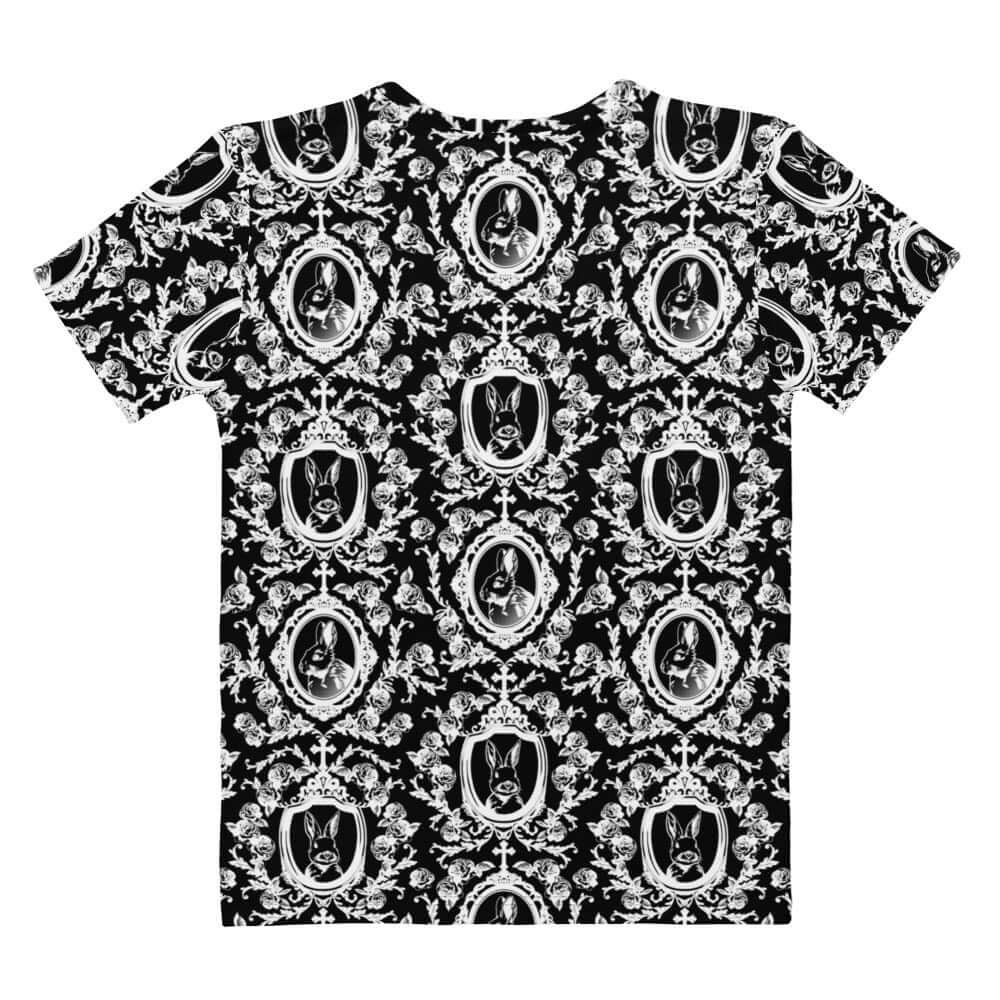 Elevate your style with the Queen's Beloved Bunny T-shirt, featuring elegant black-and-white motifs.