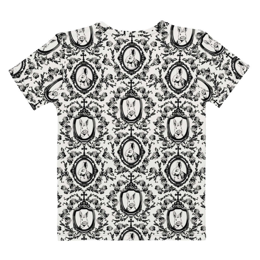 Elegant Queen's Beloved Bunny T-shirt features a chic black-and-white floral motif for stylish comfort.