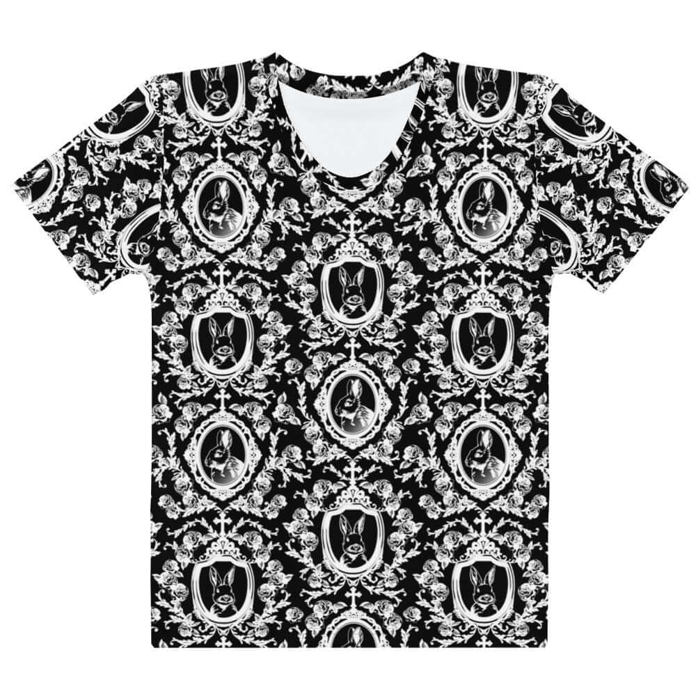 Elegant Queen's Beloved Bunny T-shirt featuring a chic black-and-white motif, perfect for any stylish outfit.