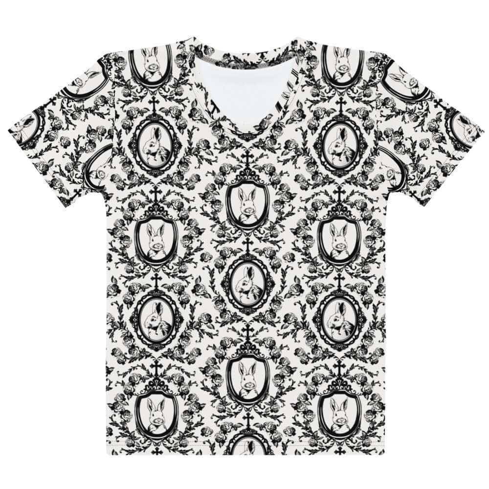 Elegant Queen's Beloved Bunny T-shirt featuring black-and-white motifs, perfect for stylish comfort.