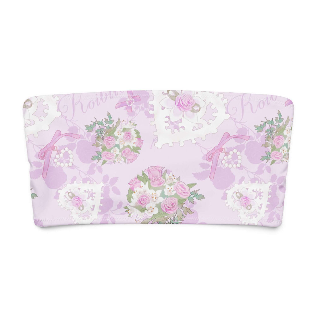 Lavender bandeau bikini top featuring floral patterns and heart designs, perfect for beach lounging.