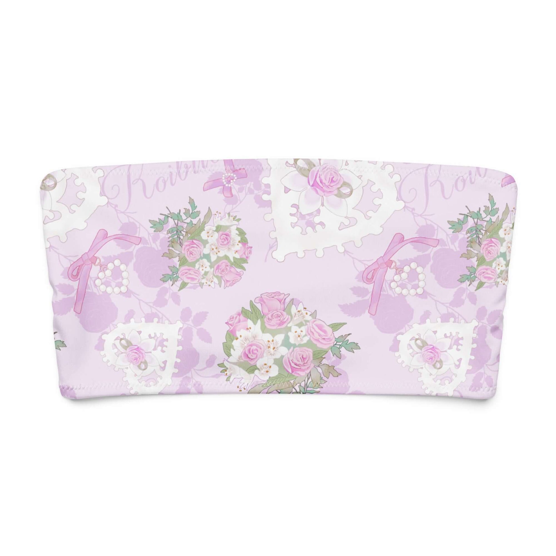 Lavender bandeau bikini top featuring floral patterns and heart designs, perfect for beach lounging.