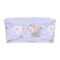 Soft blue floral bandeau bikini top with roses, perfect for tanning and lounging in style.