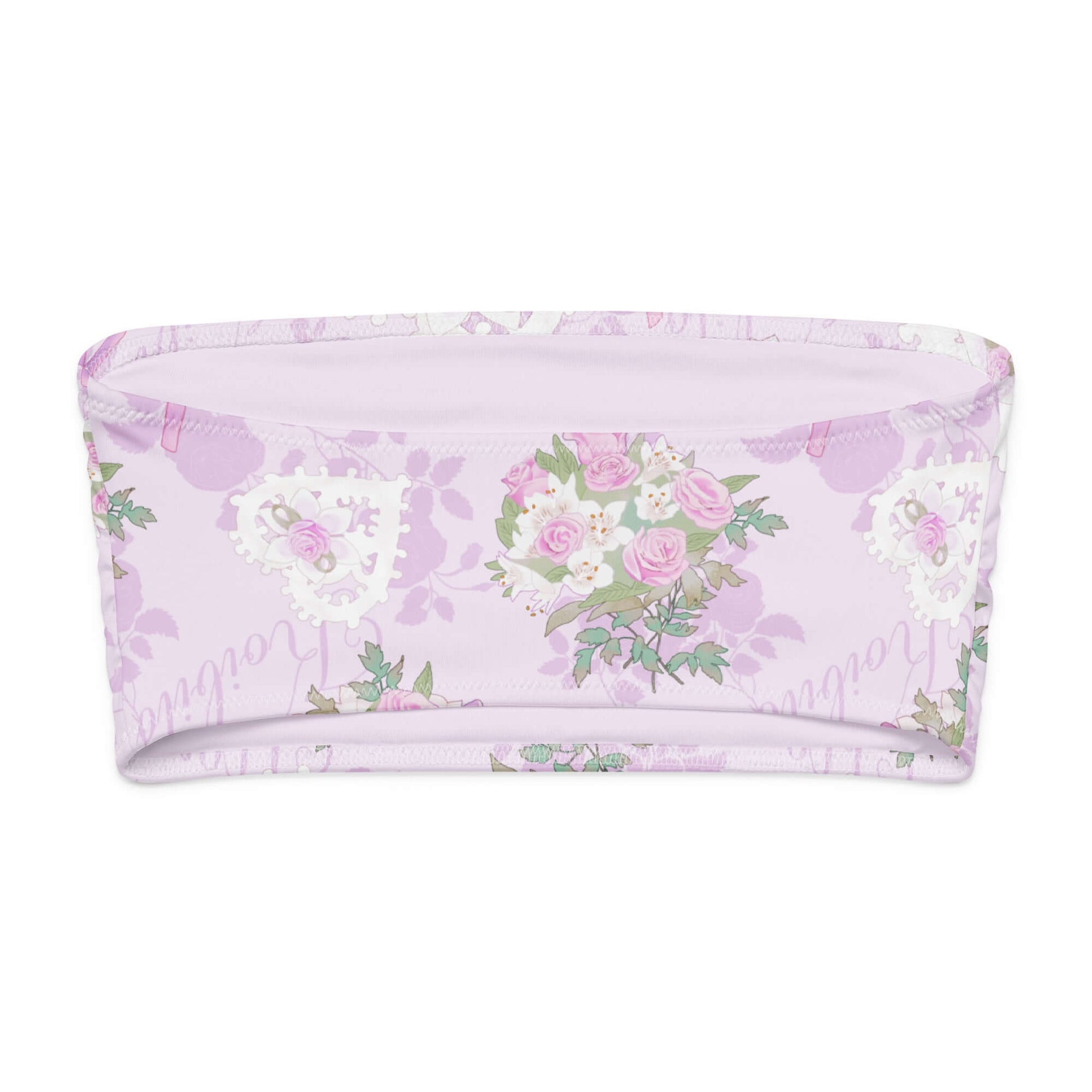 Soft purple bandeau bikini top with floral pattern, perfect for beach lounging and sun protection.