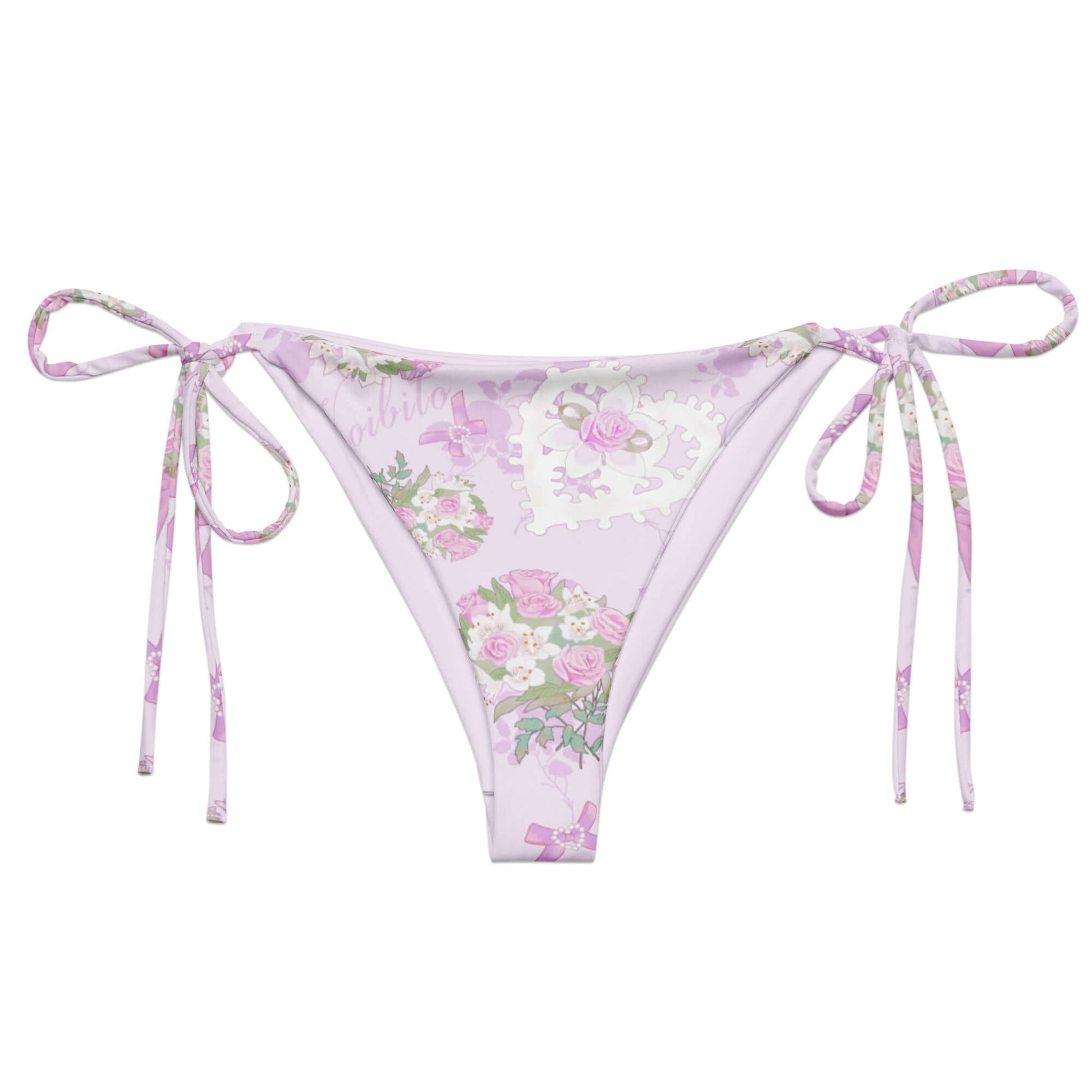 Versatile Anniversary String Bikini Bottom in floral print, perfect for sunbathing by the poolside this summer.