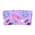 Axolotl bandeau bikini top with colorful axolotl patterns on a purple background, perfect for fun summer vibes.
