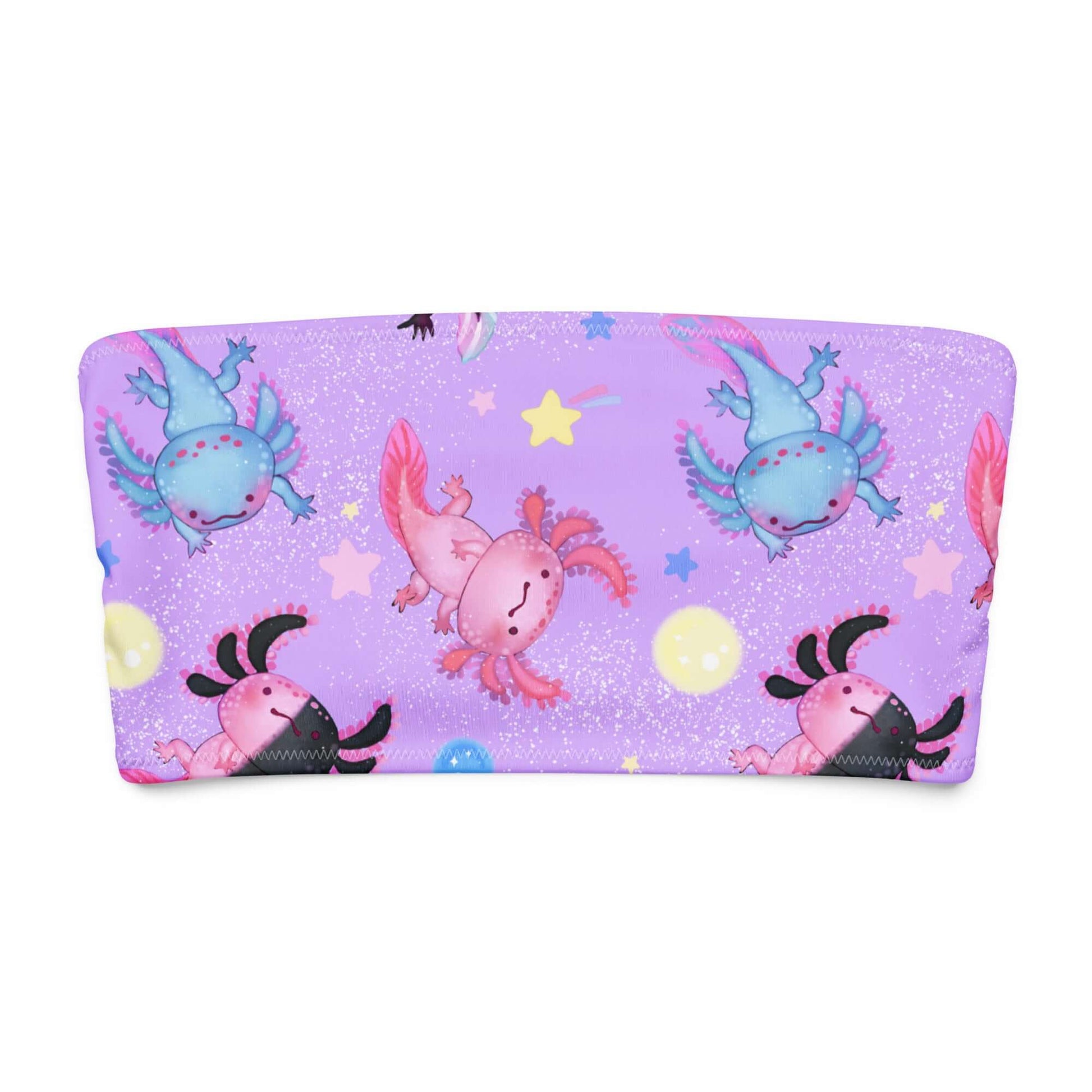 Axolotl bandeau bikini top with colorful axolotl patterns on a purple background, perfect for fun summer vibes.