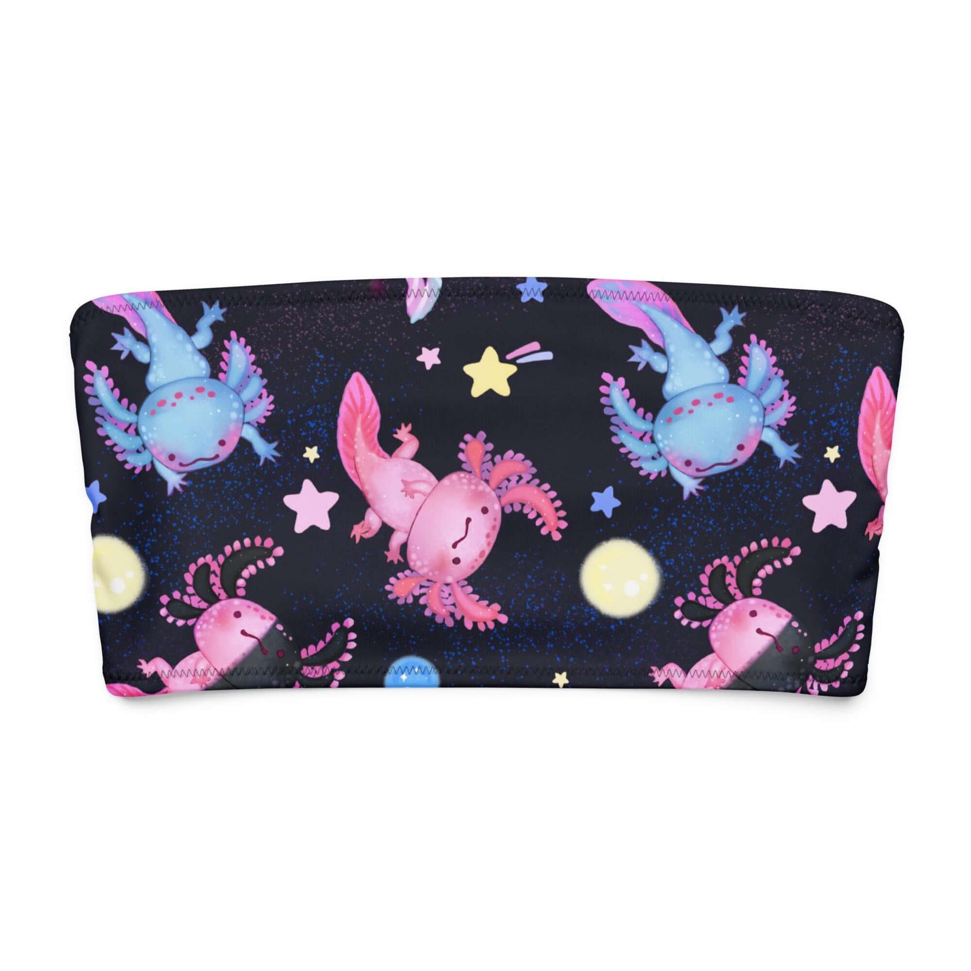 Colorful Axolotl bandeau bikini top with whimsical aquatic designs on a dark background.