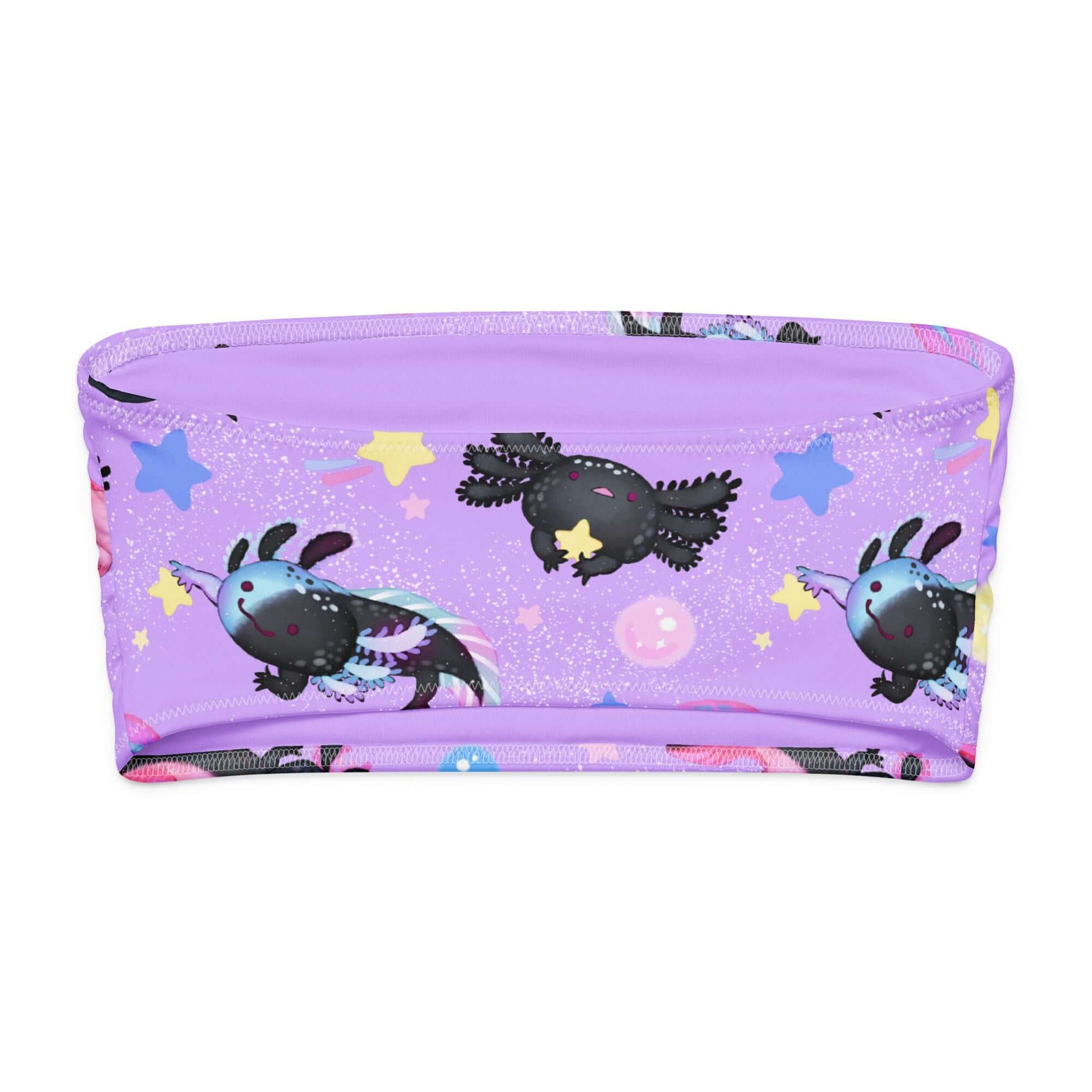 Purple bandeau bikini top with colorful axolotl and star patterns, perfect for summer fun and sun protection.