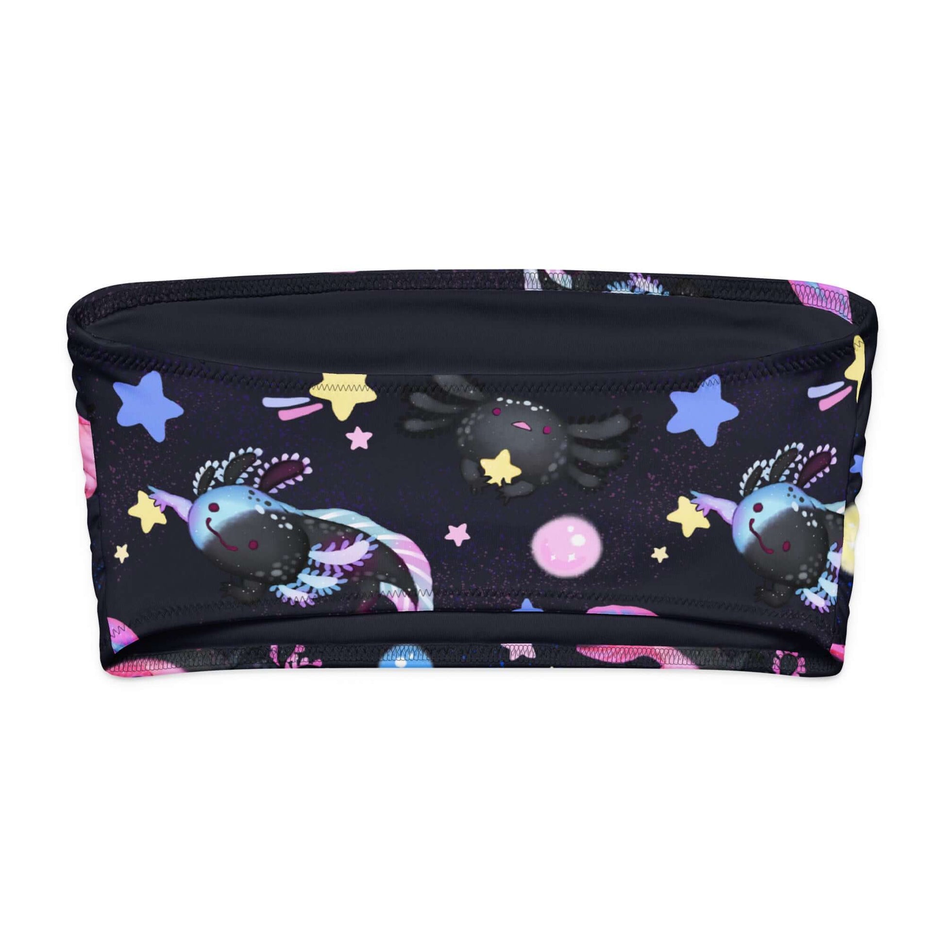 Colorful Axolotl bandeau bikini top with stars, designed for comfort and UV protection, perfect for summer fun.