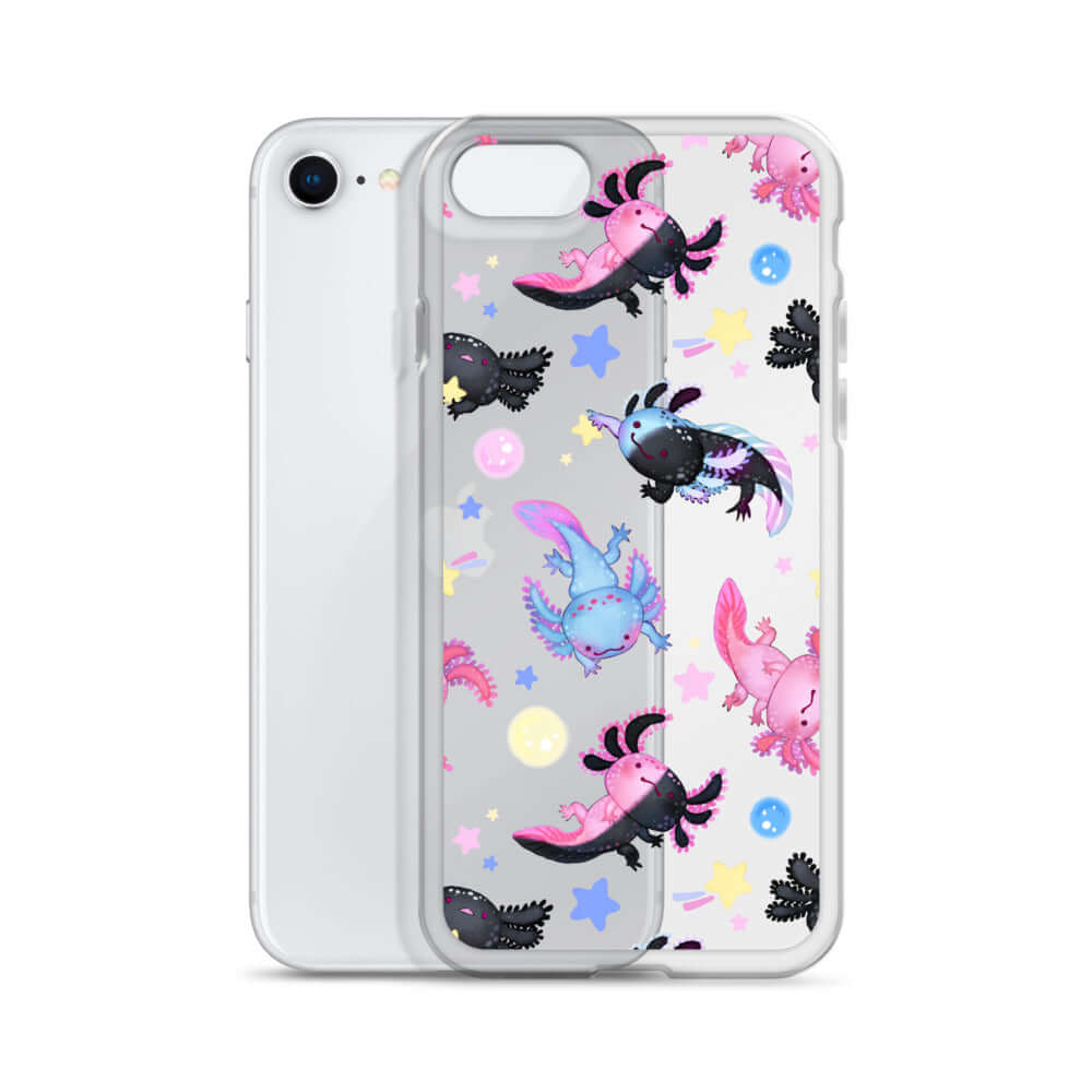 Sleek Axolotl iPhone® Clear Case featuring vibrant designs, offering protection against scratches and dust.