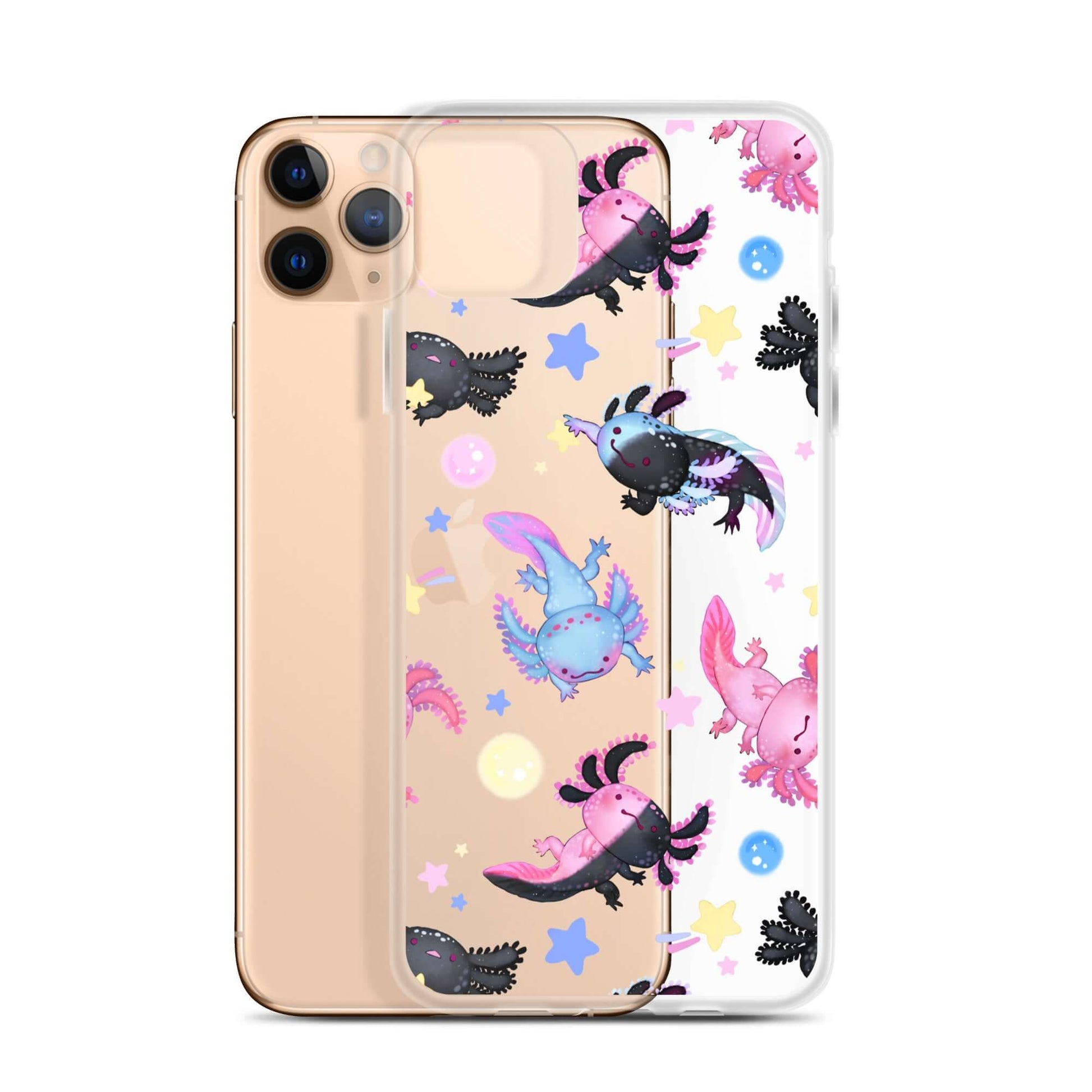 Sleek Axolotl iPhone® Clear Case featuring adorable axolotl designs, offering protection from scratches and dirt.