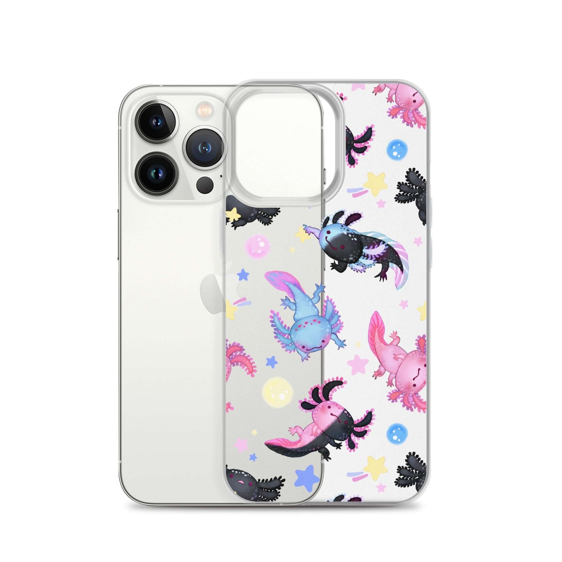 Stylish Axolotl iPhone® Clear Case featuring playful designs, offering protection from scratches and dirt.