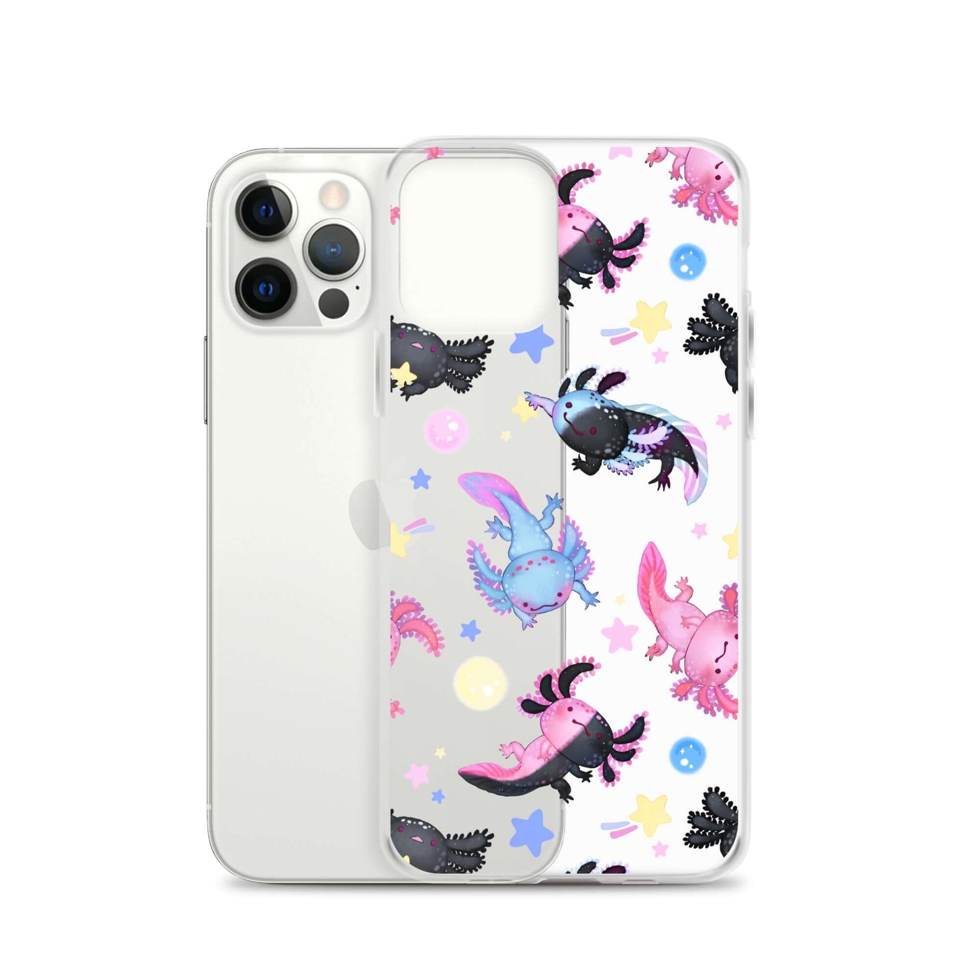 Sleek Axolotl iPhone® Clear Case featuring colorful axolotls, protecting against scratches and dust. Perfect for your phone!