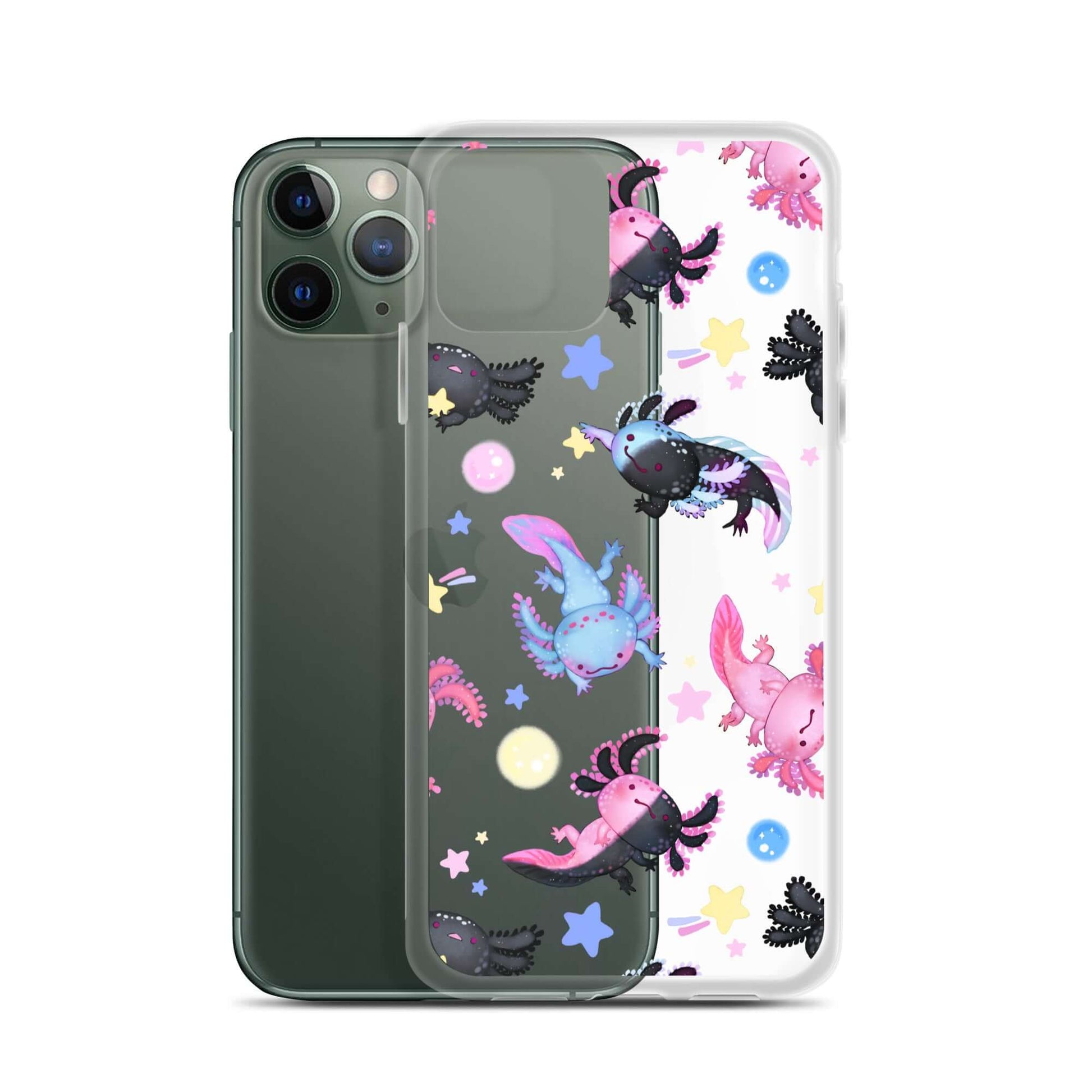 Sleek Axolotl iPhone® Clear Case featuring colorful designs, offering protection from scratches and dust.