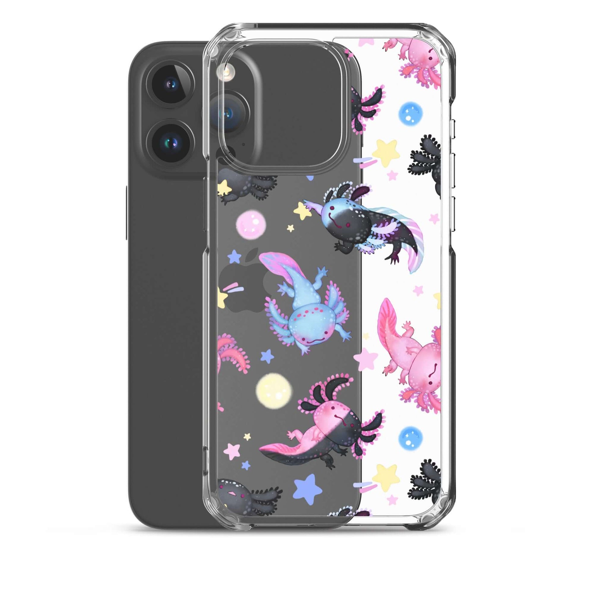Colorful Axolotl iPhone® Clear Case, featuring unique designs, protects against scratches and dirt while maintaining style.