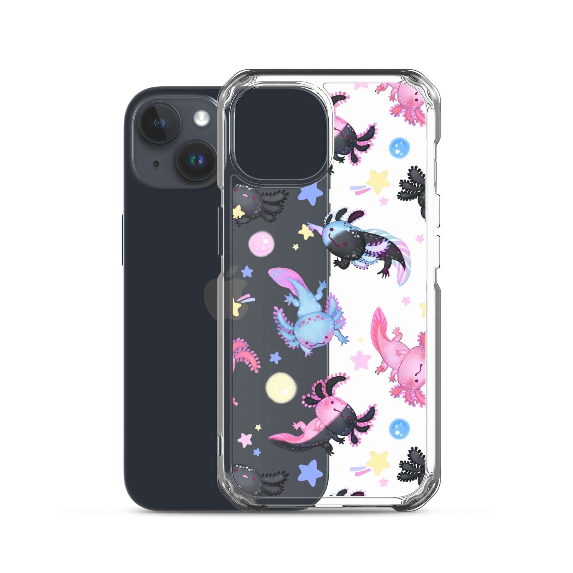 Showcasing the Axolotl iPhone® Clear Case with vibrant designs, protecting your phone in style. Perfect for any iPhone® user!