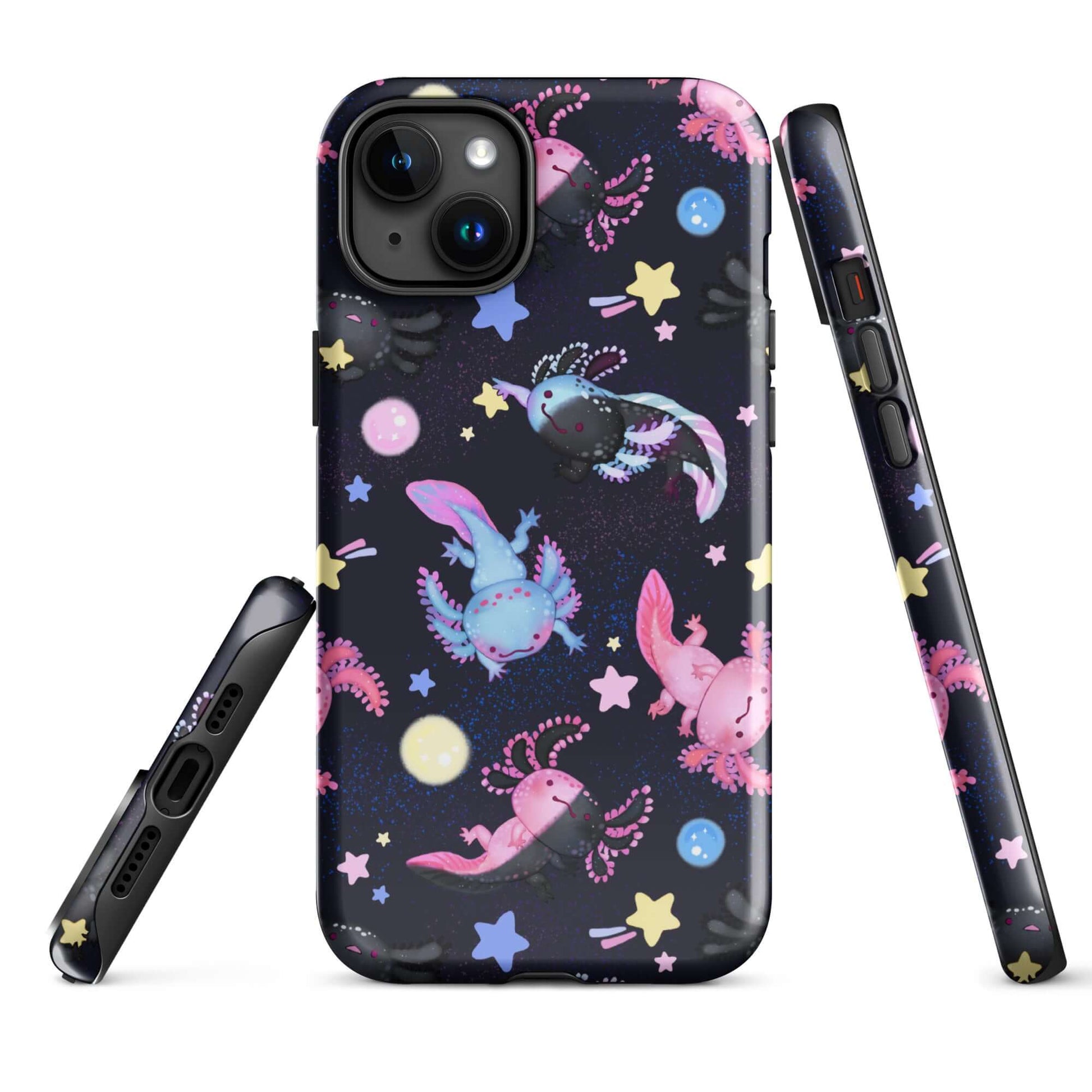 Colorful Axolotl iPhone® Tough Case showcasing durable design and playful graphics, perfect for stylish phone protection.