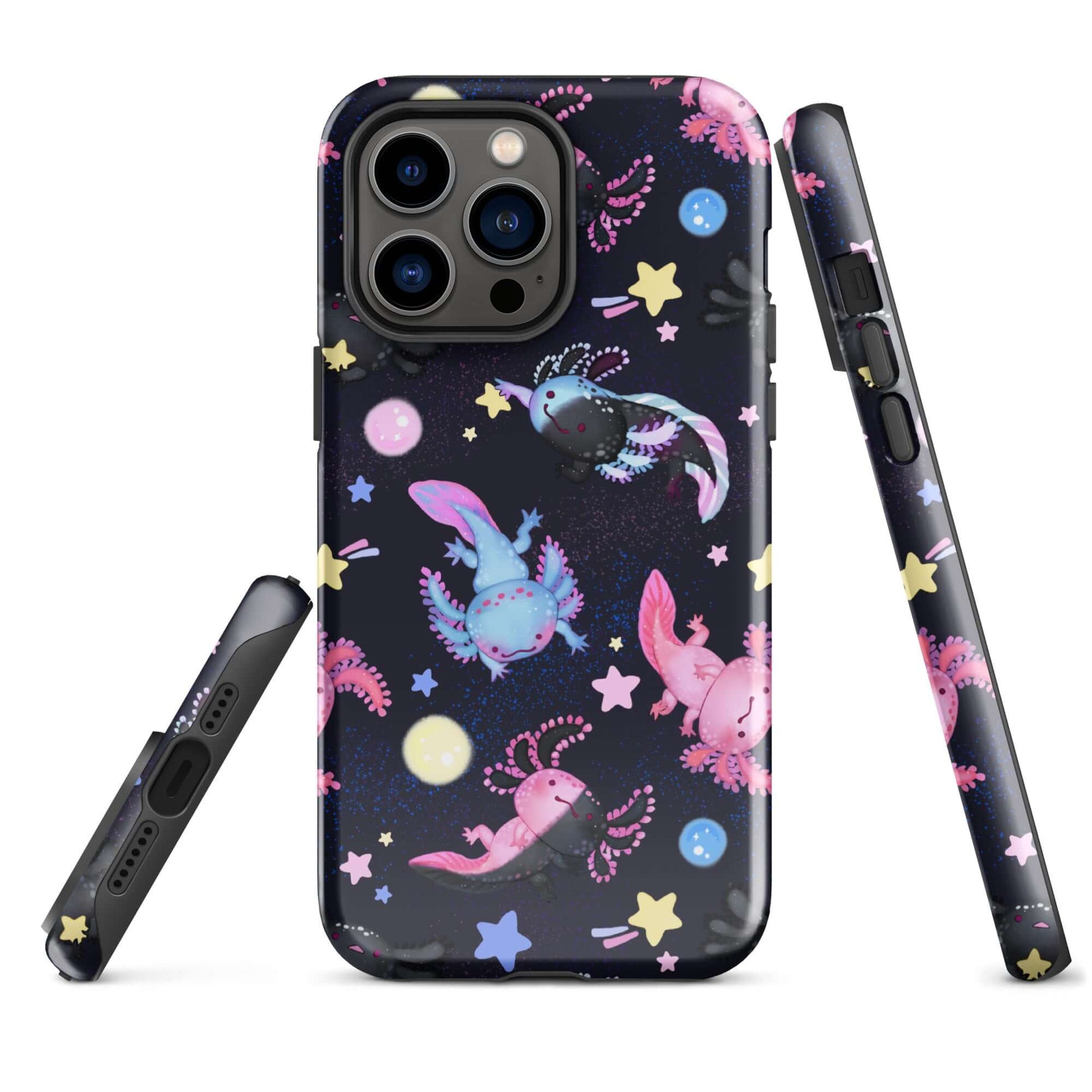 Colorful Axolotl iPhone® Tough Case featuring durable dual-layer protection for stylish phone safety.
