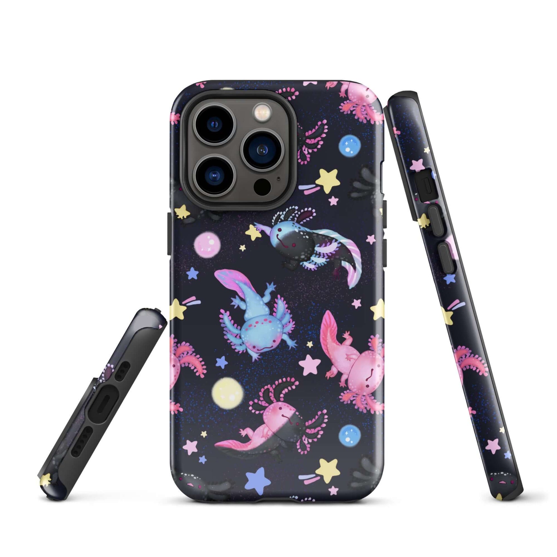 Colorful Axolotl iPhone® Tough Case featuring a dual-layer design for maximum protection and style. Perfect for year-round use!