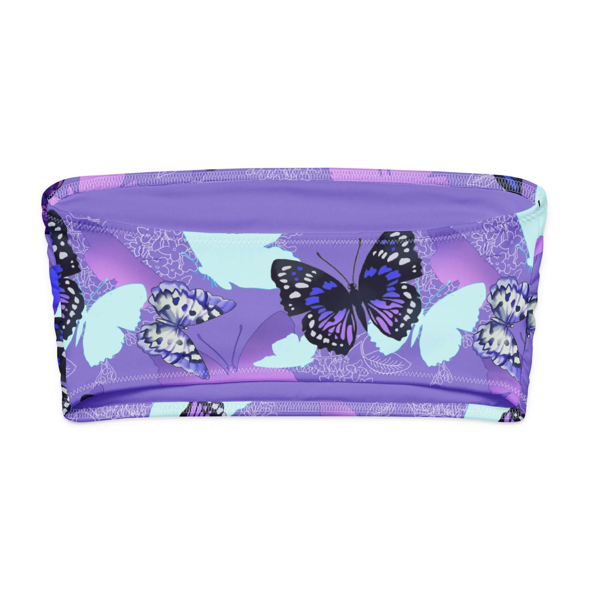 Butterfly bandeau bikini top featuring vibrant butterfly print, perfect for tanning and lounging by the pool.