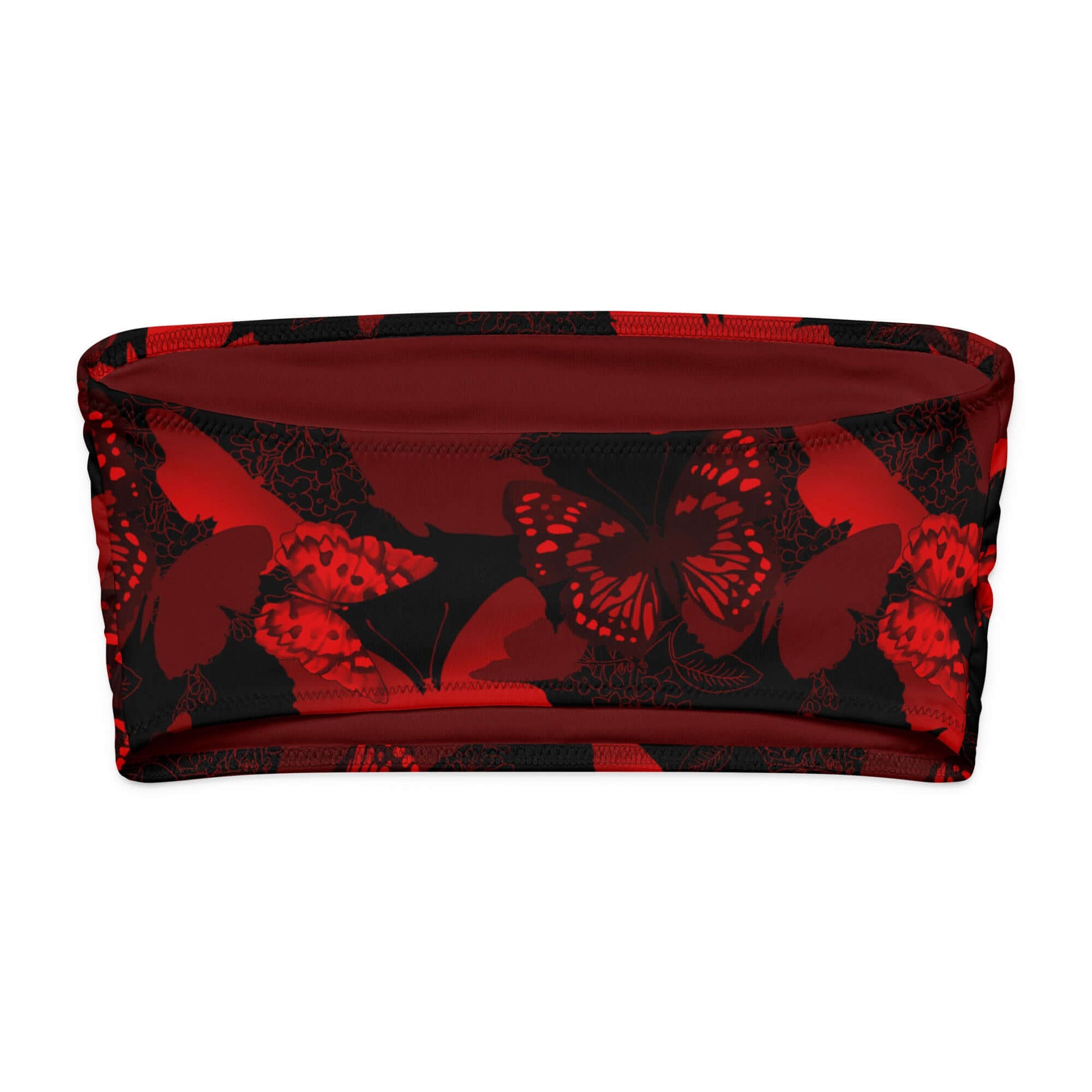 Red butterfly bandeau bikini top, soft and strapless, perfect for summer tanning and lounging.