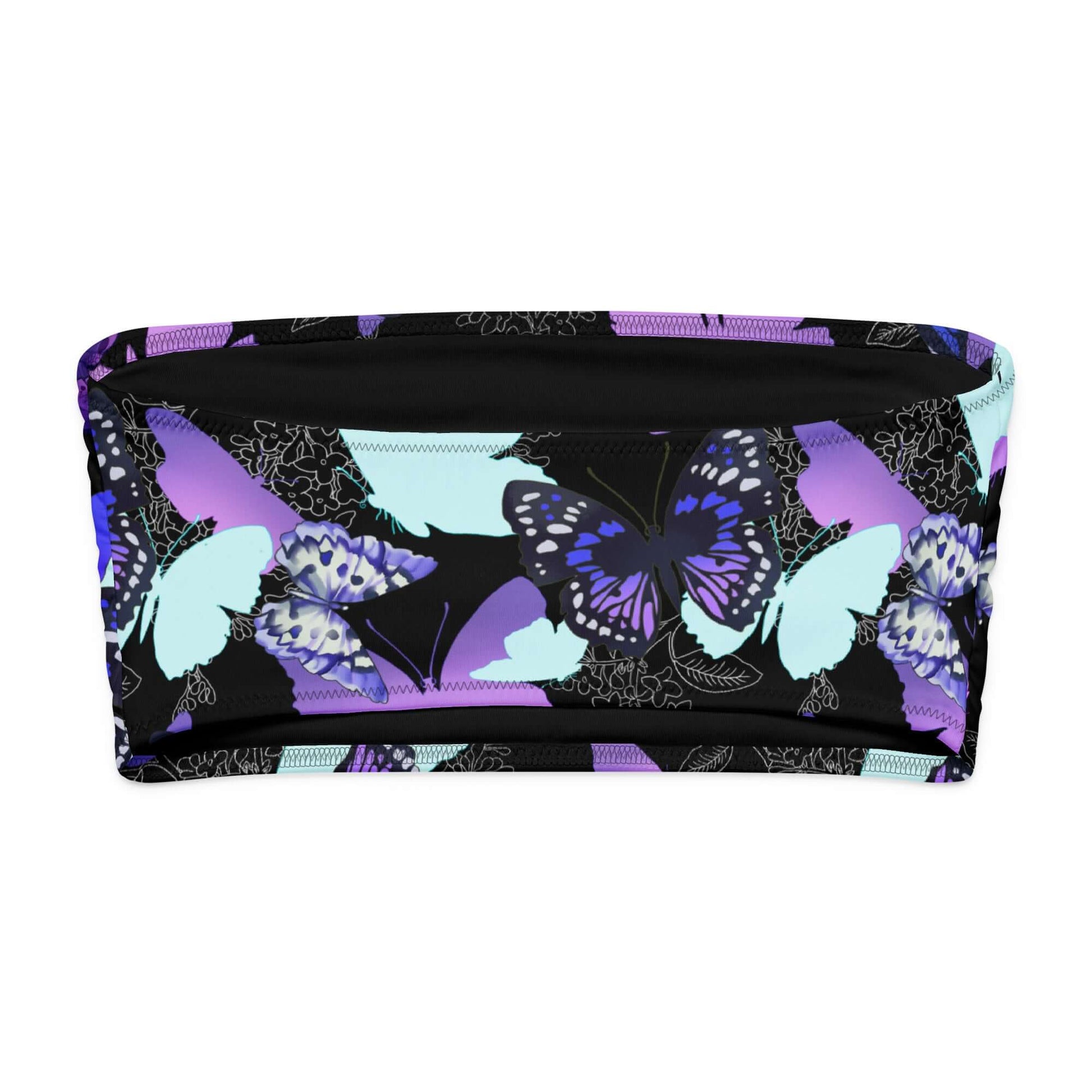 Butterfly bandeau bikini top with colorful butterfly design, soft and strapless, perfect for tanning and lounging.