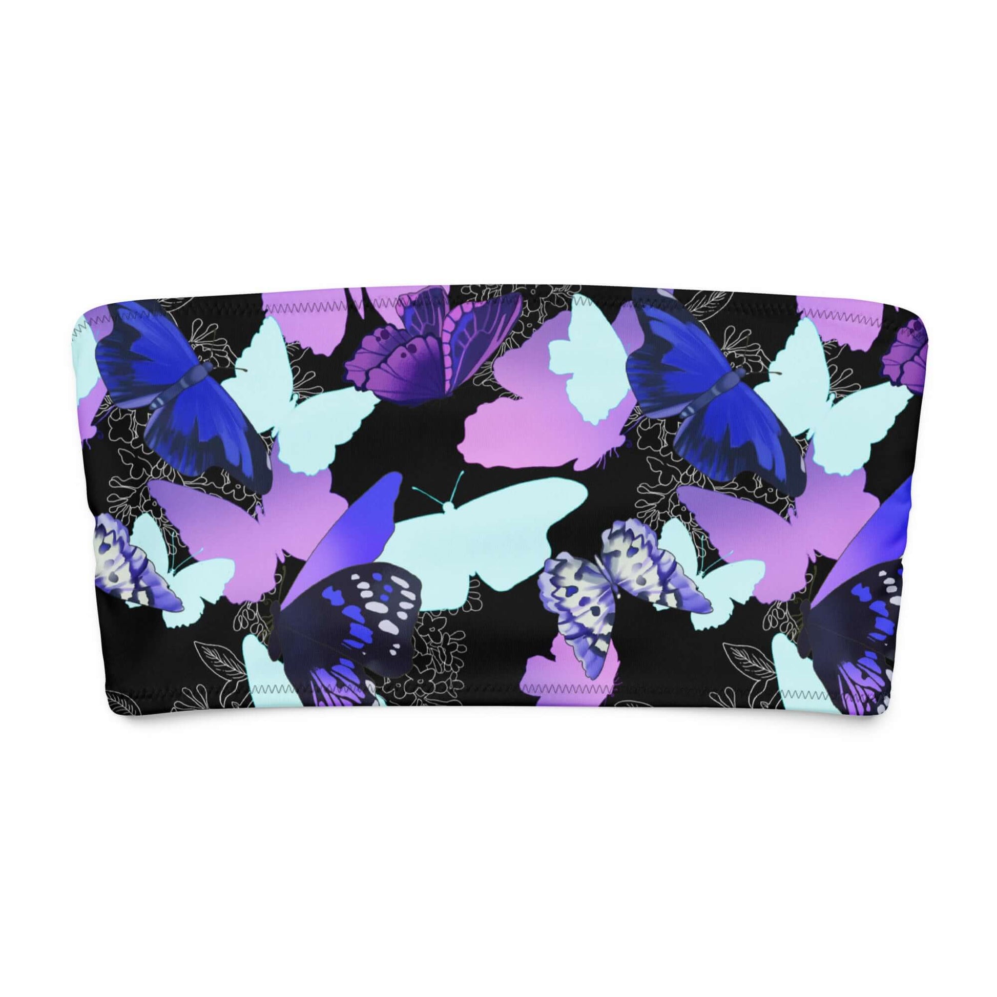 Colorful butterfly print bandeau bikini top, perfect for stylish tanning and summer lounging.