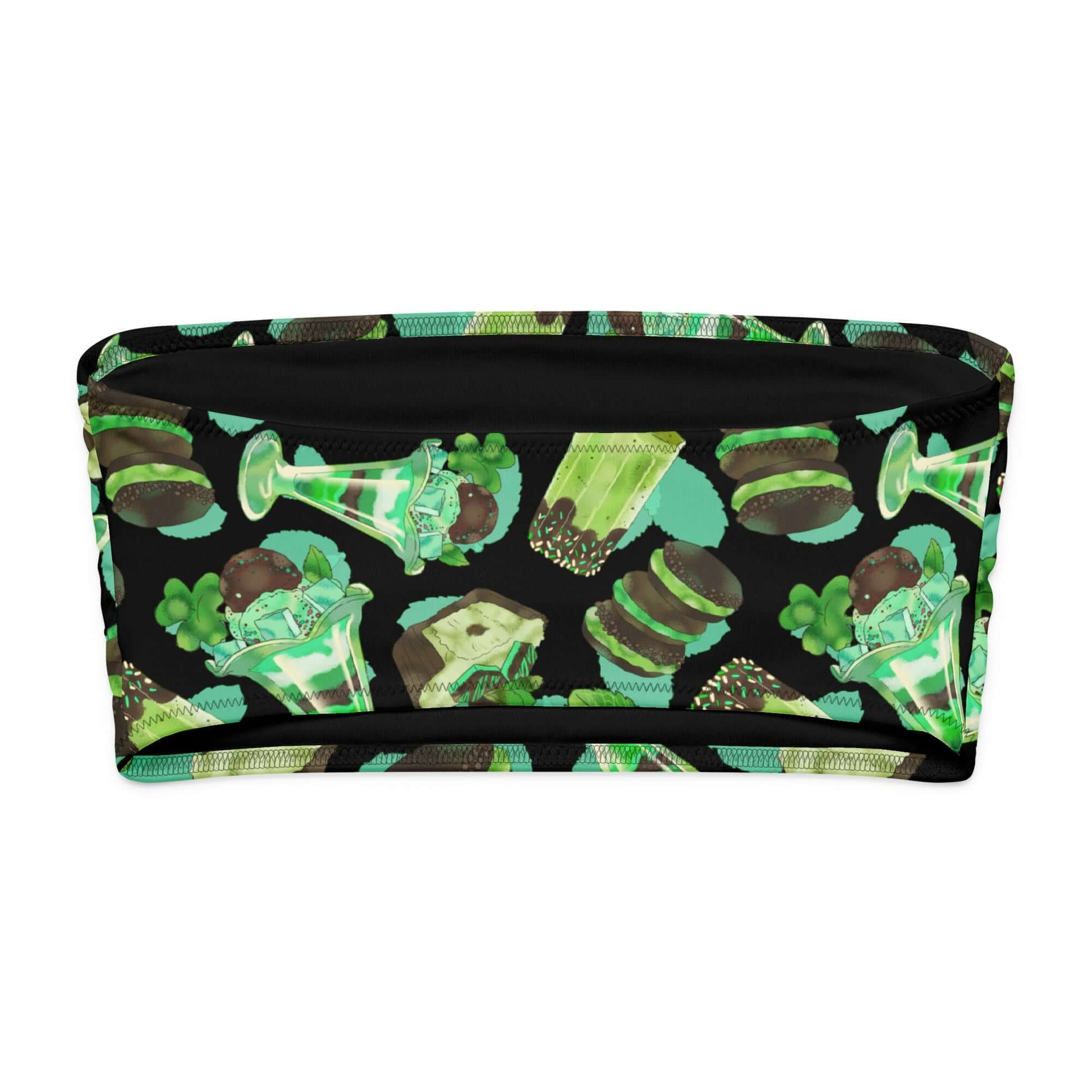 Choco mint themed bandeau bikini top featuring vibrant drink and dessert patterns on a black background.