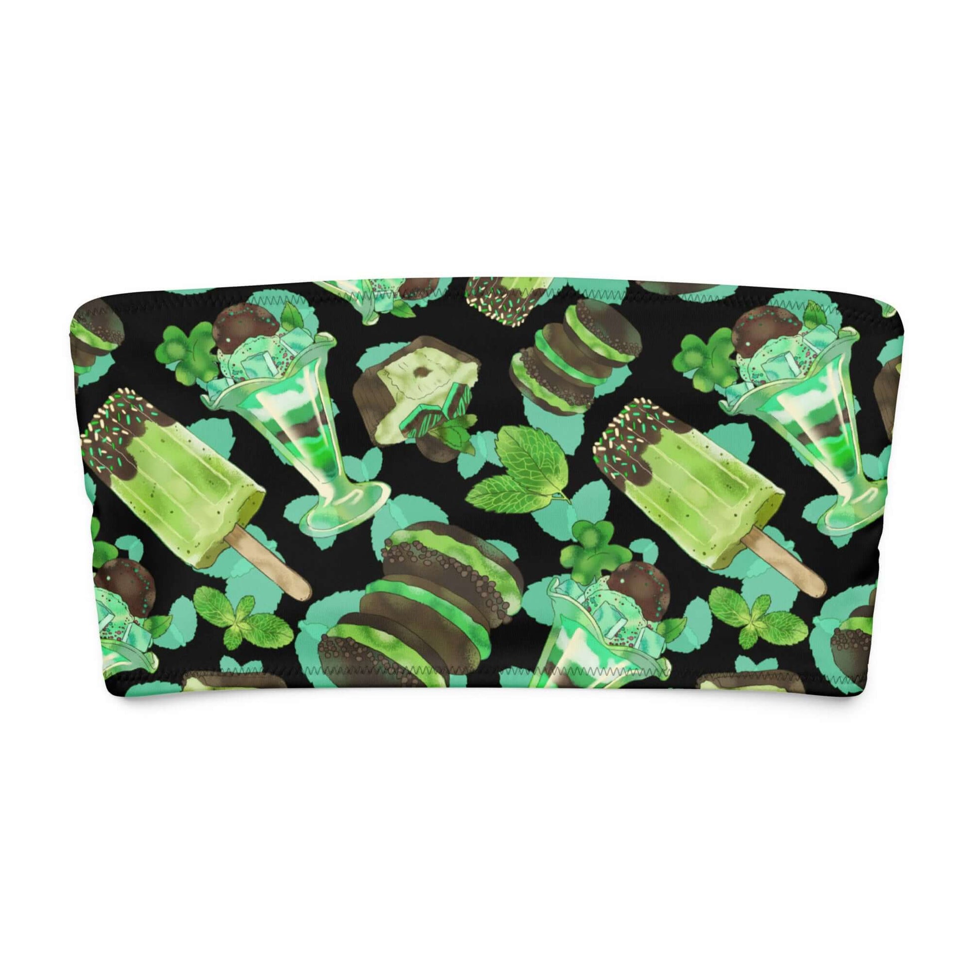 Choco Mint Bandeau Bikini Top featuring a fun mint dessert pattern on a black background.