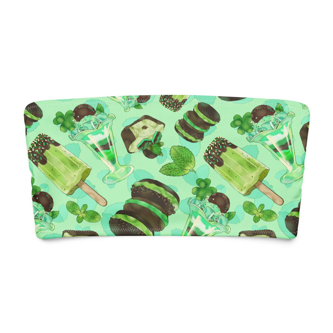 Colorful mint-themed bandeau bikini top with popsicles, desserts, and mint leaves patterns.