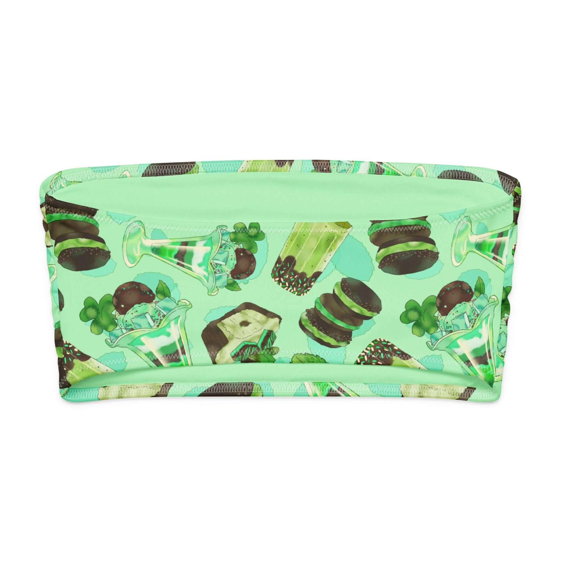 Choco Mint bandeau bikini top featuring playful mint green print with desserts and mint motifs.
