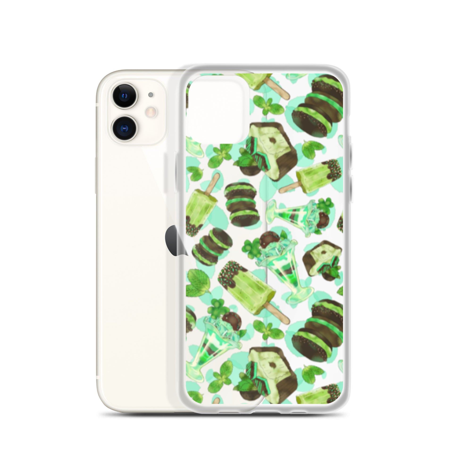 Stylish Choco Mint iPhone® Clear Case featuring minty designs, offering protection from scratches and dirt.