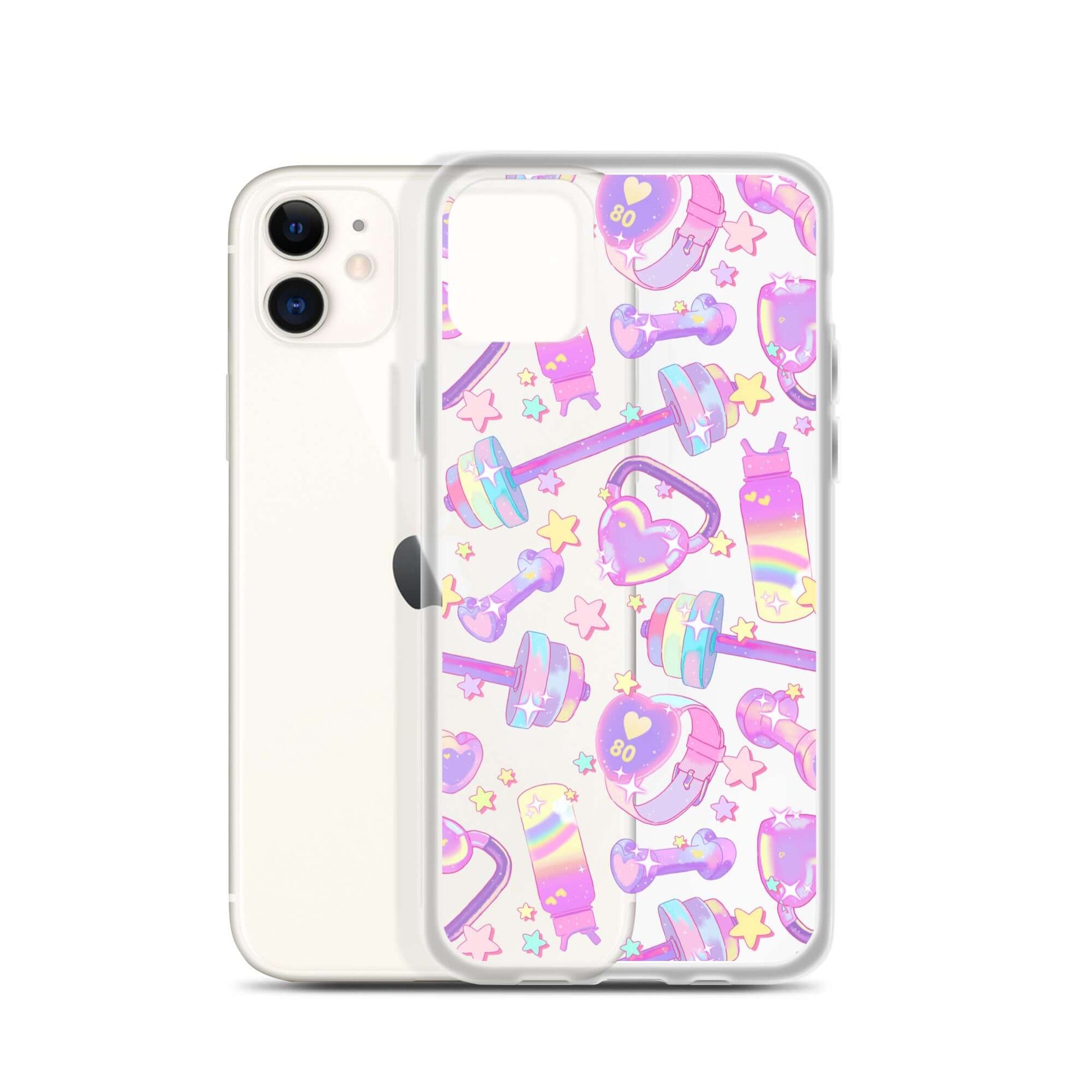 Sleek Glitter Gains iPhone® Clear Case featuring colorful gym-themed designs for ultimate protection and style.